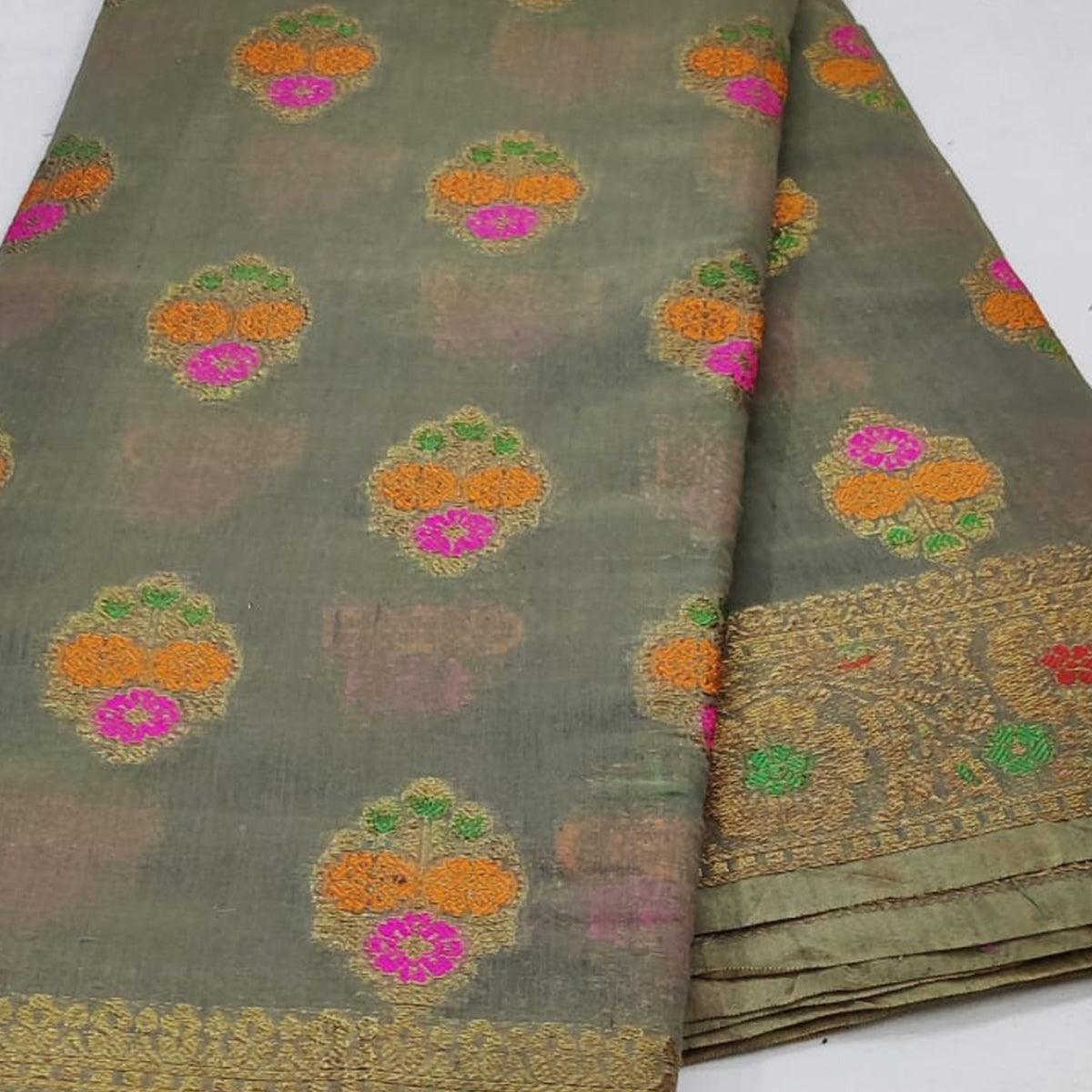 Grey Festive Wear Woven Cotton Saree With Meena Butta Pallu - Peachmode