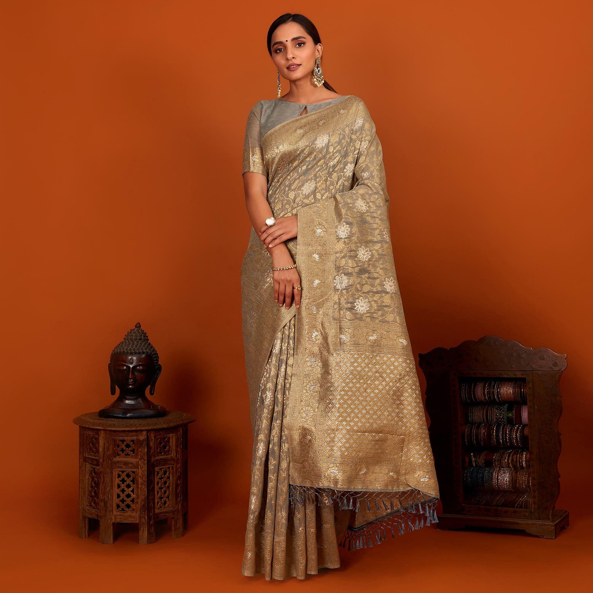 Grey Festive Wear Woven Cotton Saree With Tassels - Peachmode