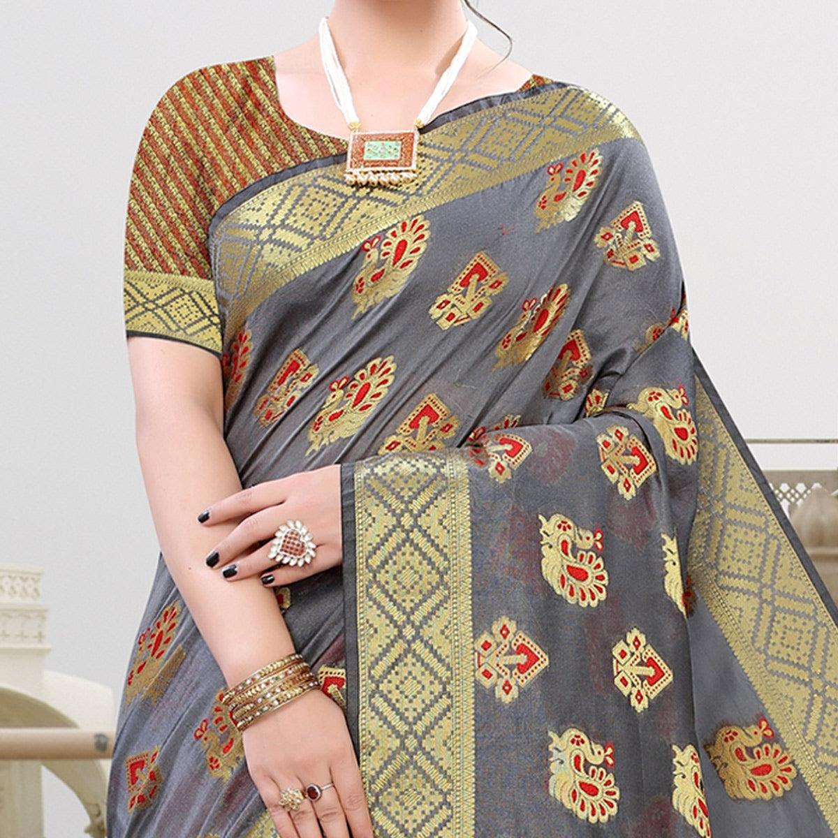 Grey Festive Wear Woven Cotton Saree With Tassels - Peachmode