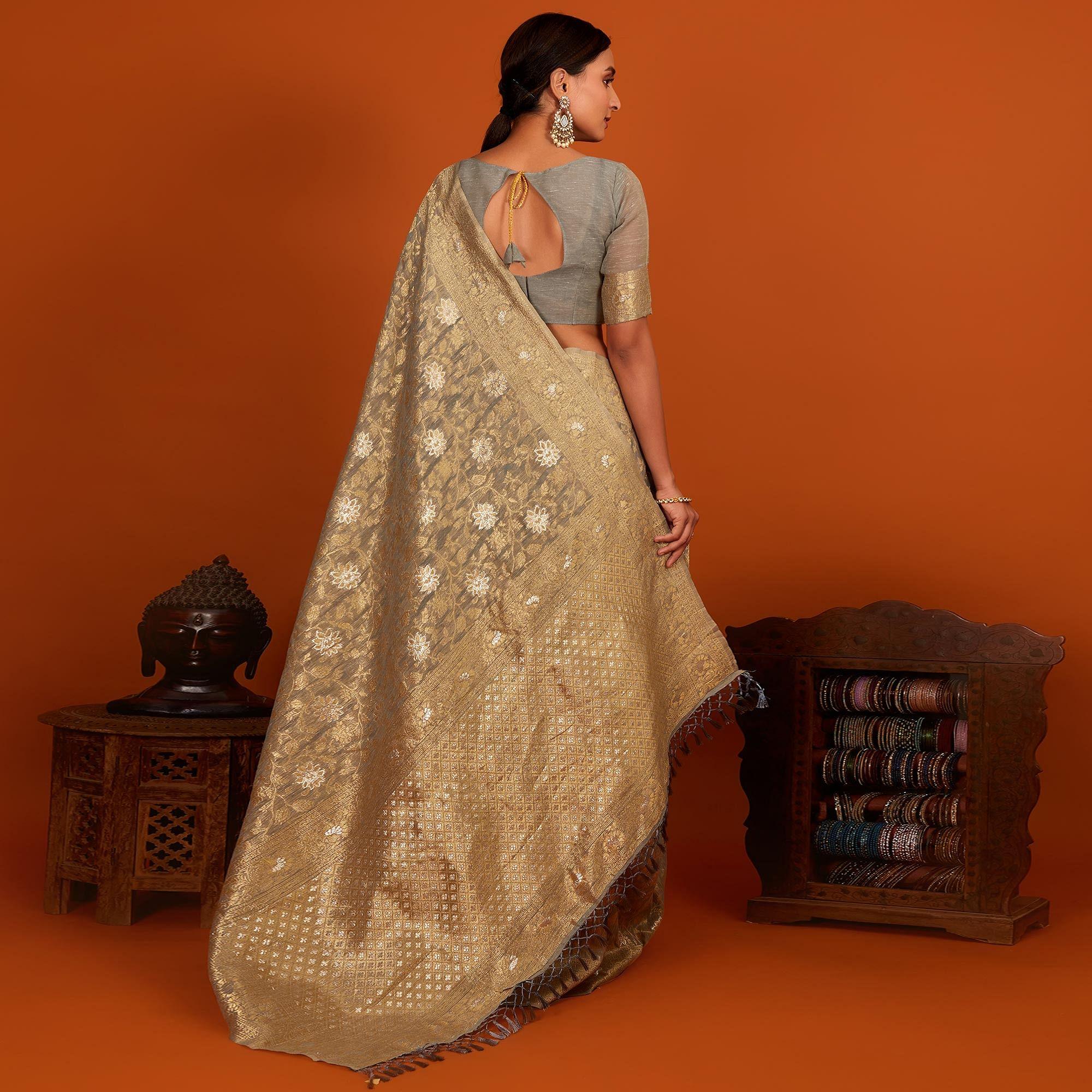 Grey Festive Wear Woven Cotton Saree With Tassels - Peachmode
