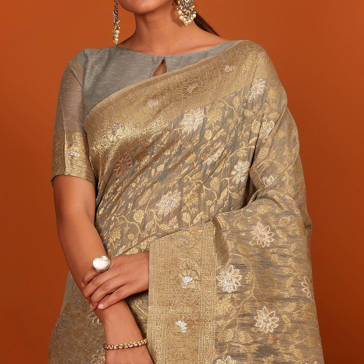 Grey Festive Wear Woven Cotton Saree With Tassels - Peachmode