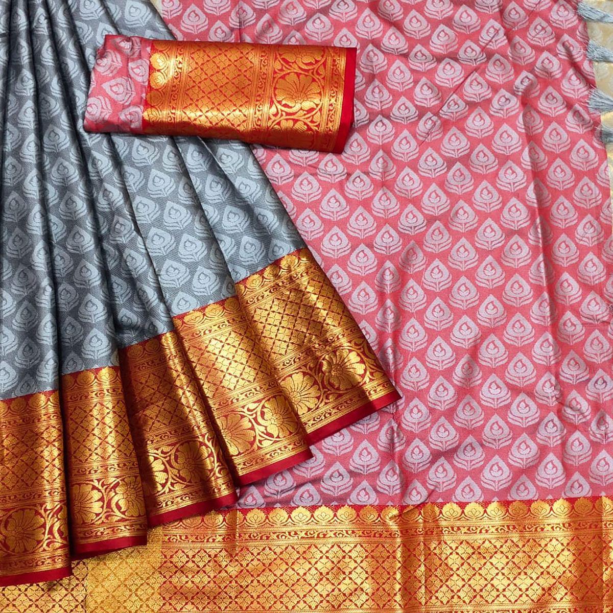 Grey Festive Wear Woven Cotton Saree With Tassels - Peachmode