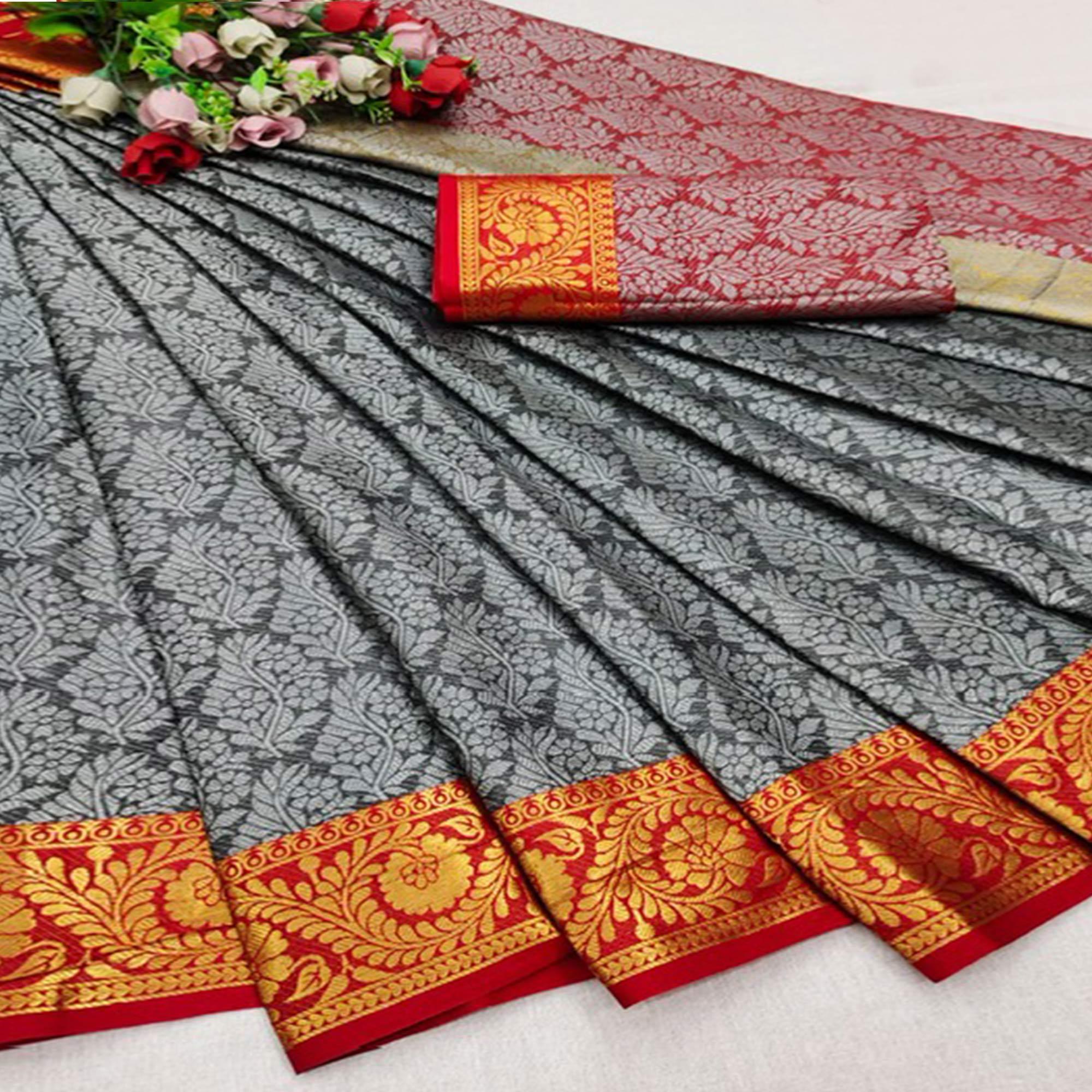 Grey Festive Wear Woven Cotton Silk Saree - Peachmode