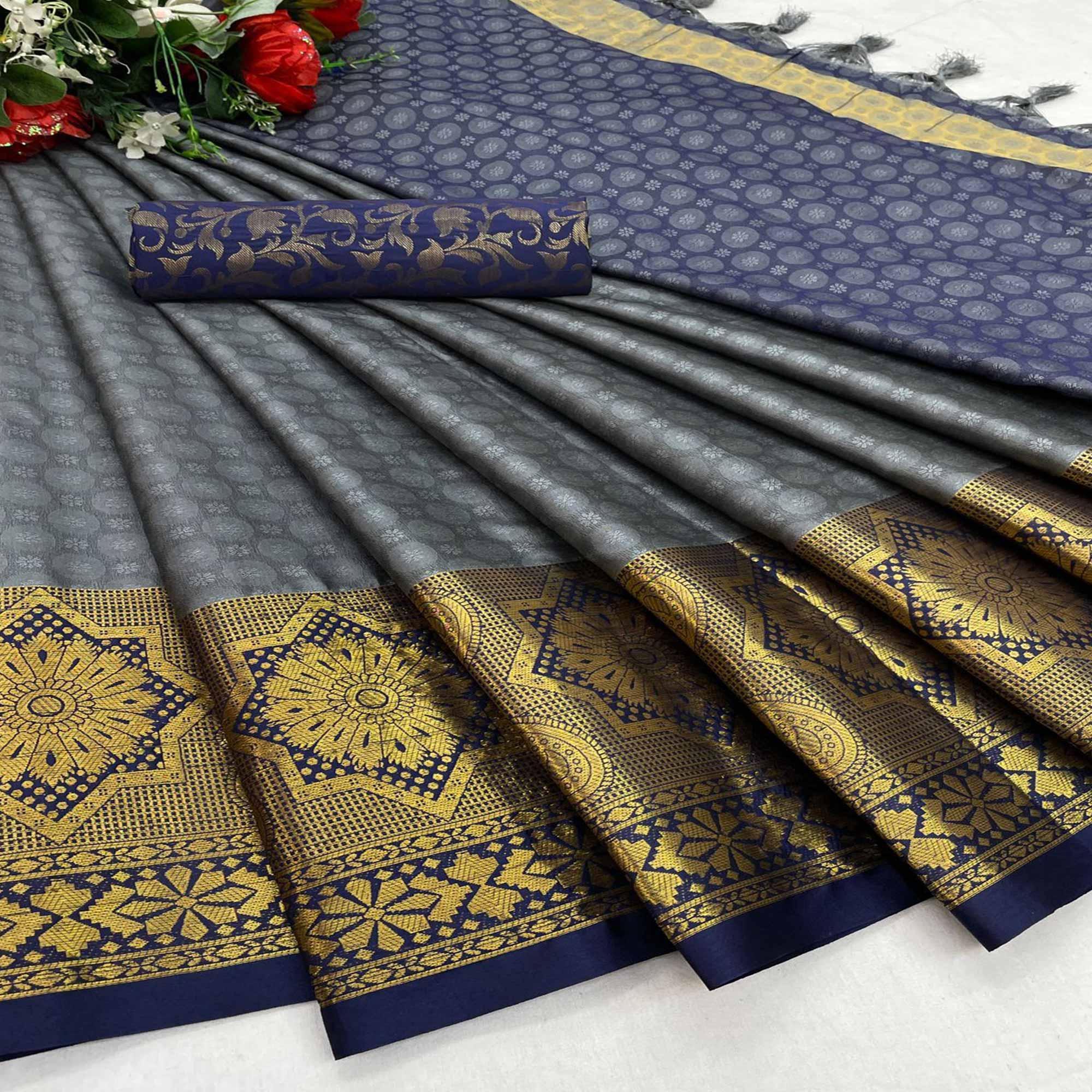 Grey Festive Wear Woven Cotton Silk Saree - Peachmode