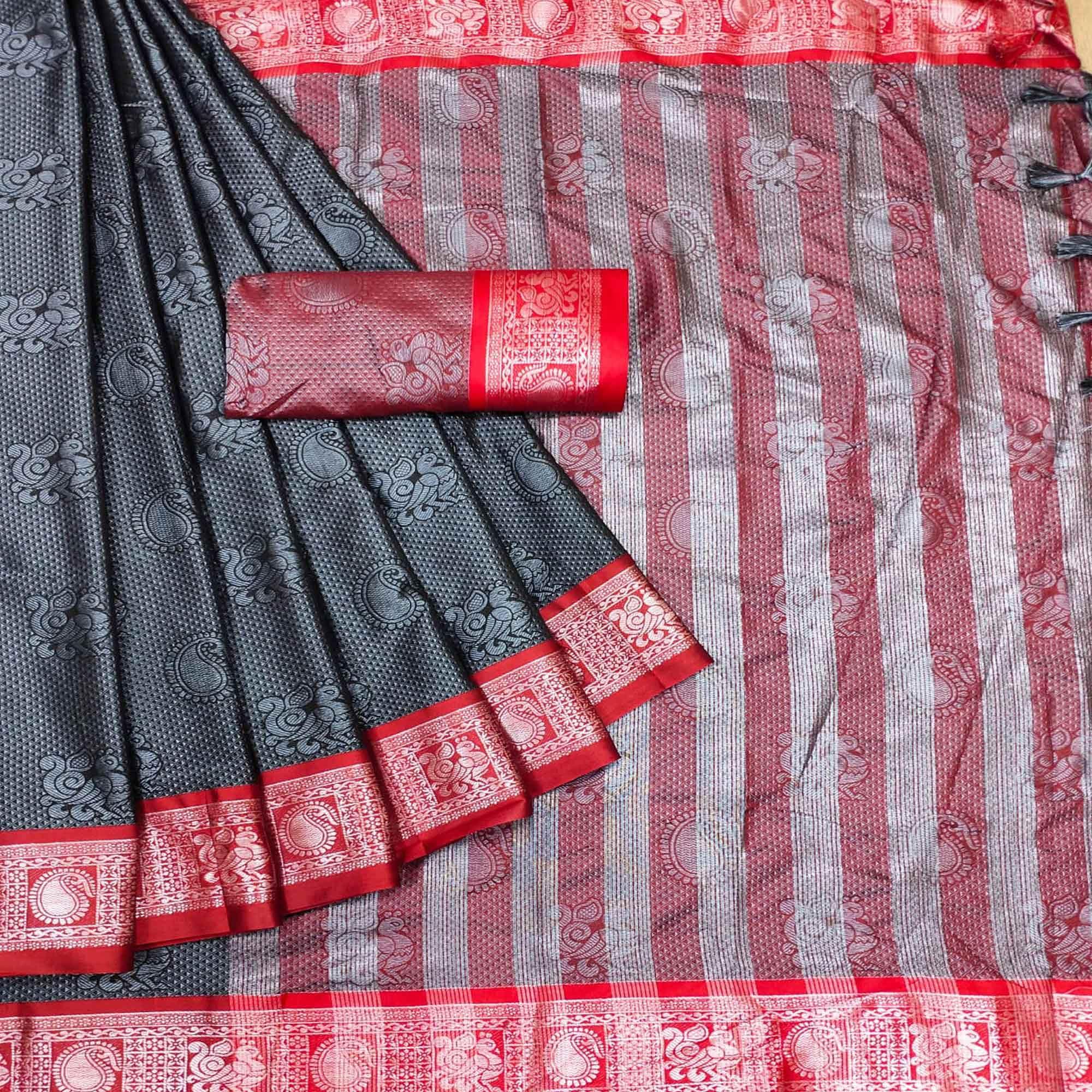 Grey Festive Wear Woven Cotton Silk Saree - Peachmode