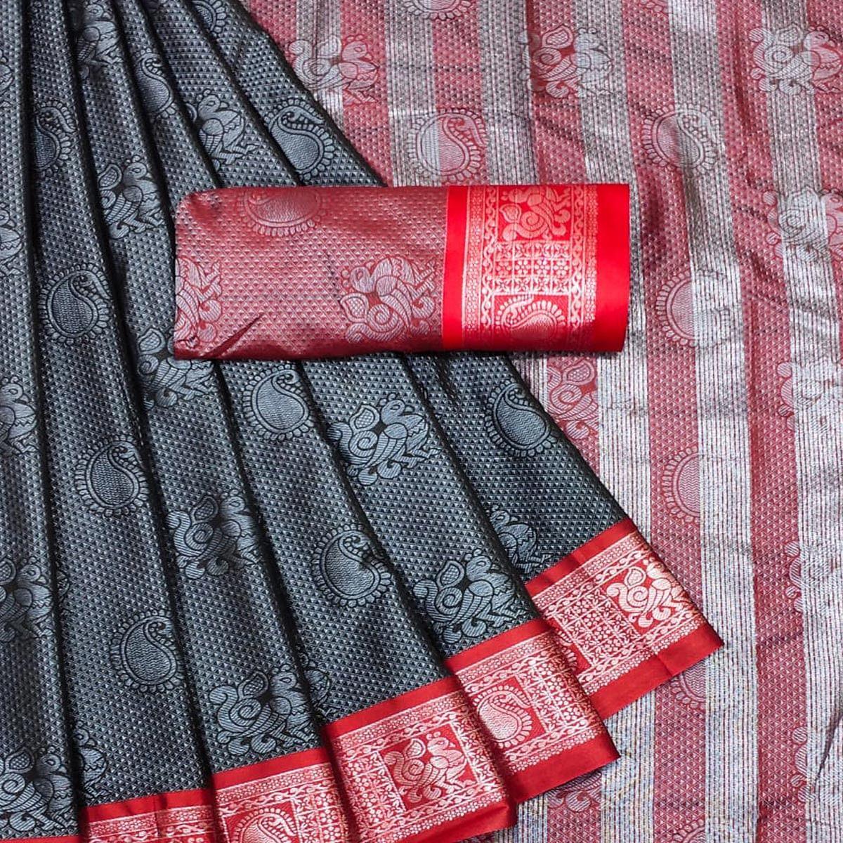 Grey Festive Wear Woven Cotton Silk Saree - Peachmode