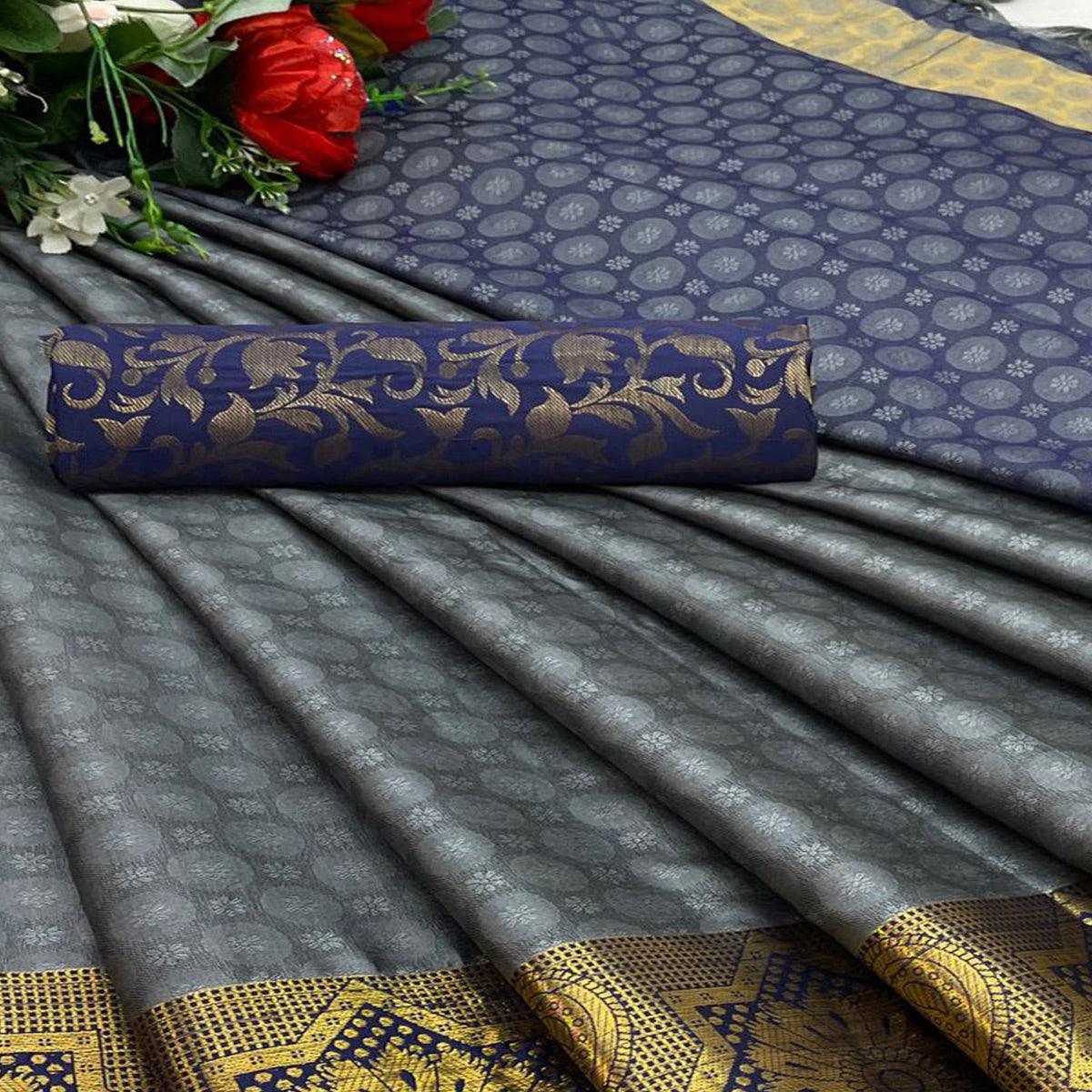 Grey Festive Wear Woven Cotton Silk Saree - Peachmode