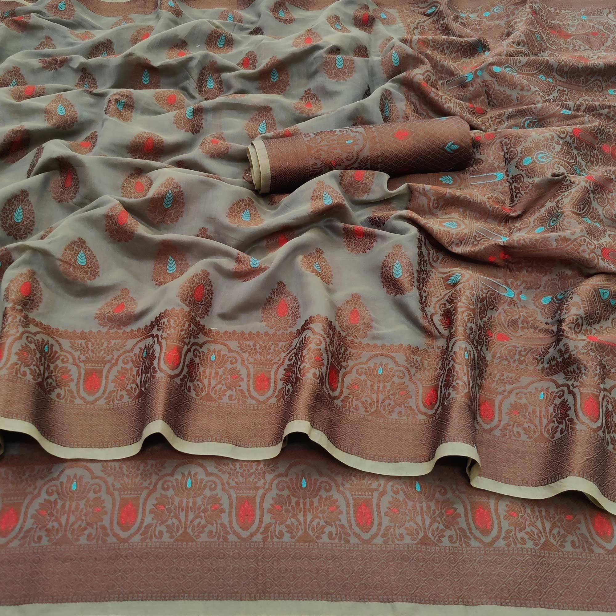 Grey Festive Wear Woven Cotton Silk Saree - Peachmode