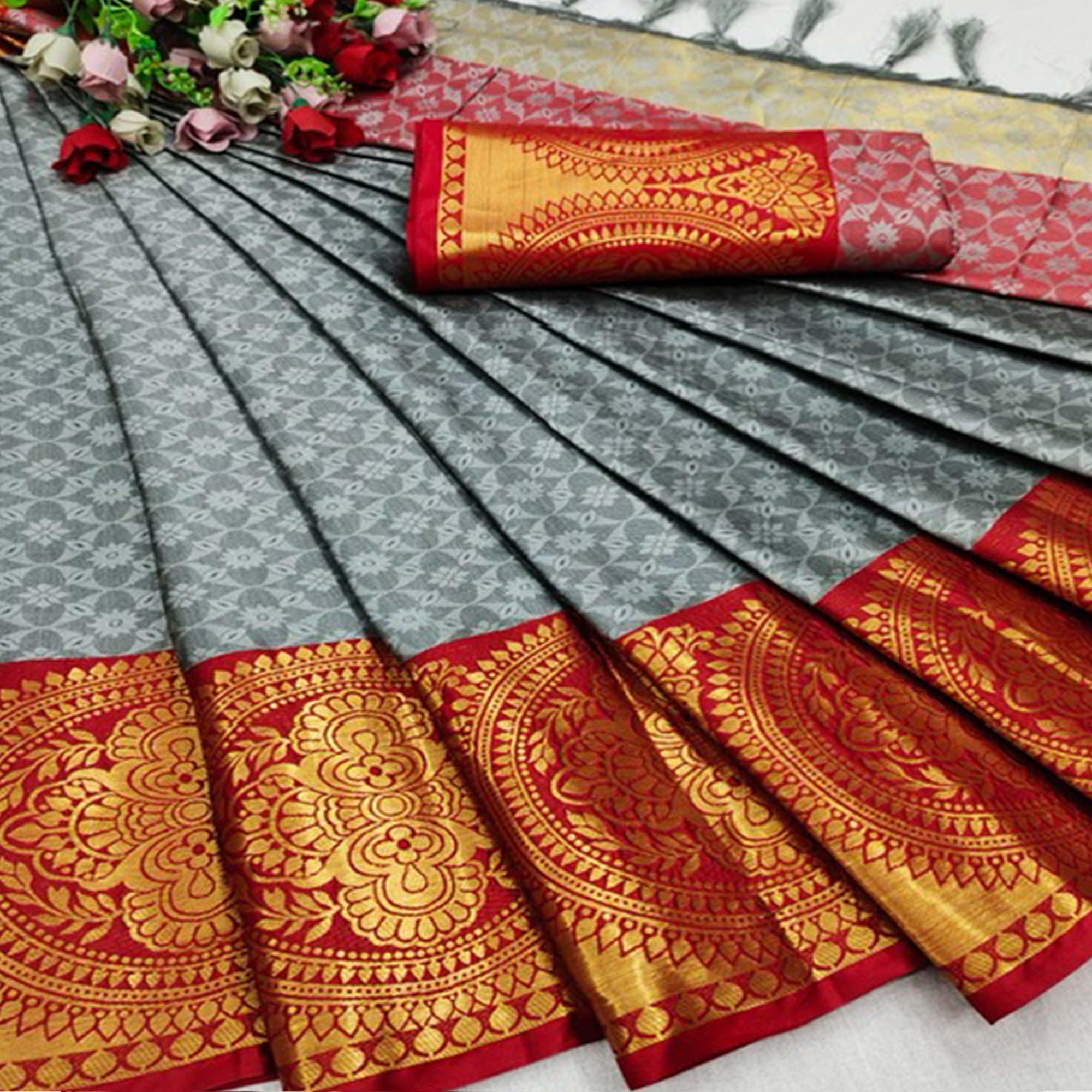 Grey Festive Wear Woven Desginer Cotton Silk Saree - Peachmode