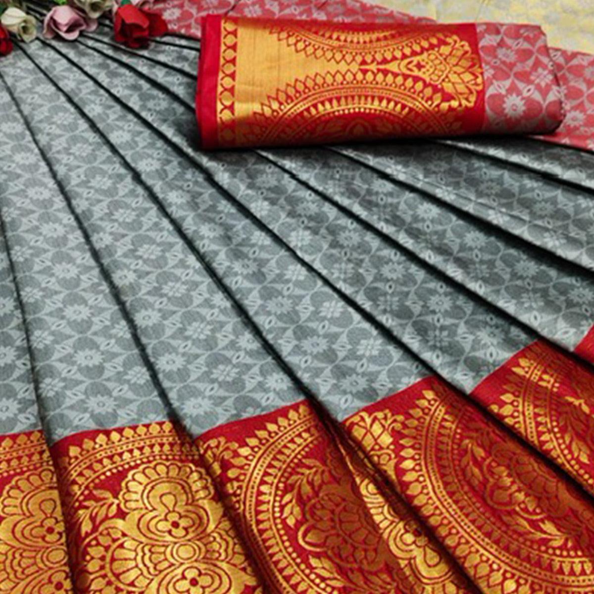 Grey Festive Wear Woven Desginer Cotton Silk Saree - Peachmode