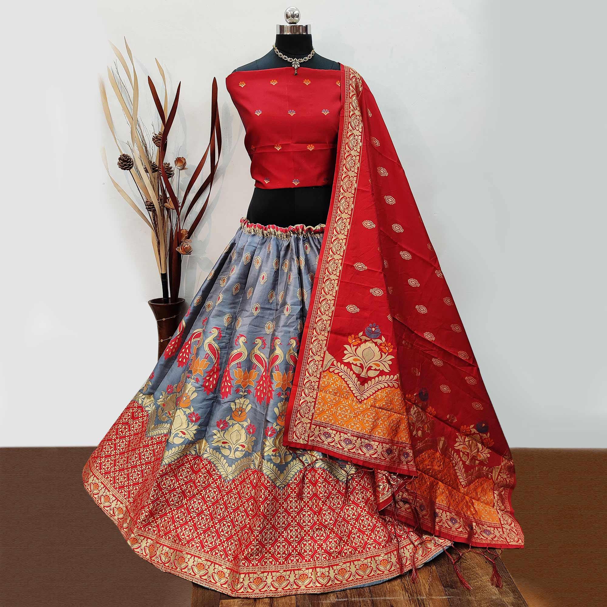 Grey Festive Wear Woven Heavy Brocade Lehenga Choli - Peachmode