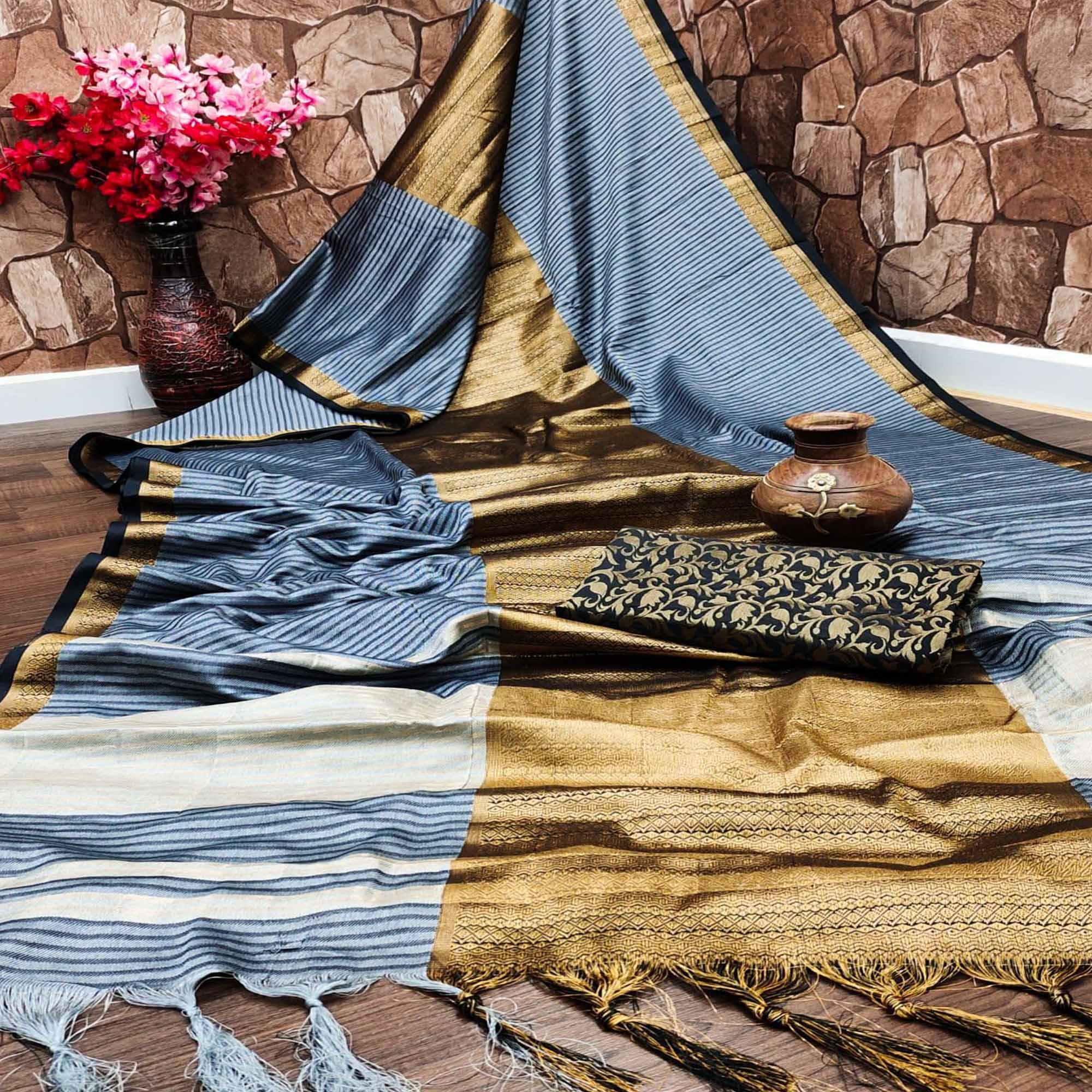 Grey Festive Wear Woven Heavy Rich Cotton Silk Saree - Peachmode