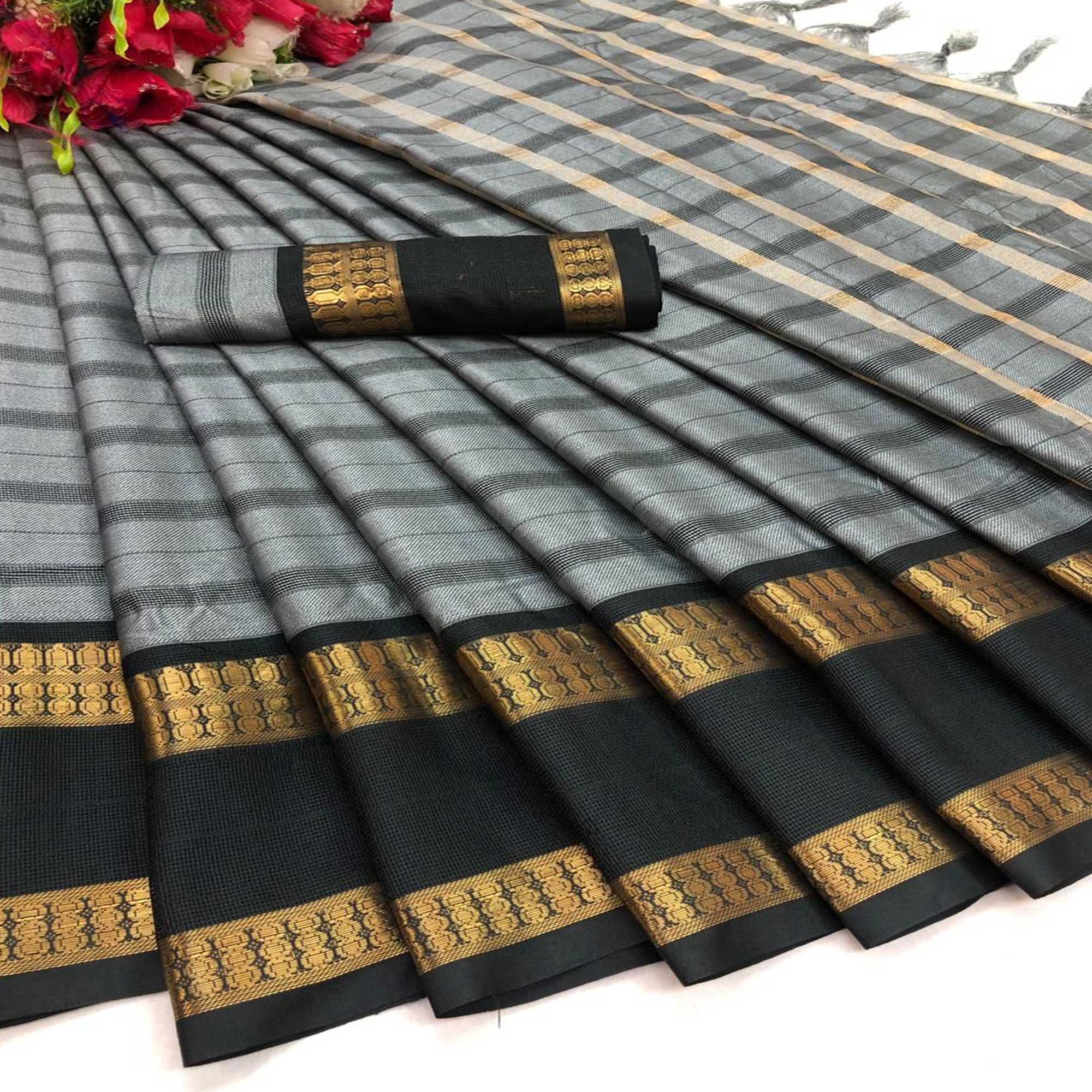 Grey Festive Wear Woven Heavy Rich Cotton Silk Saree - Peachmode