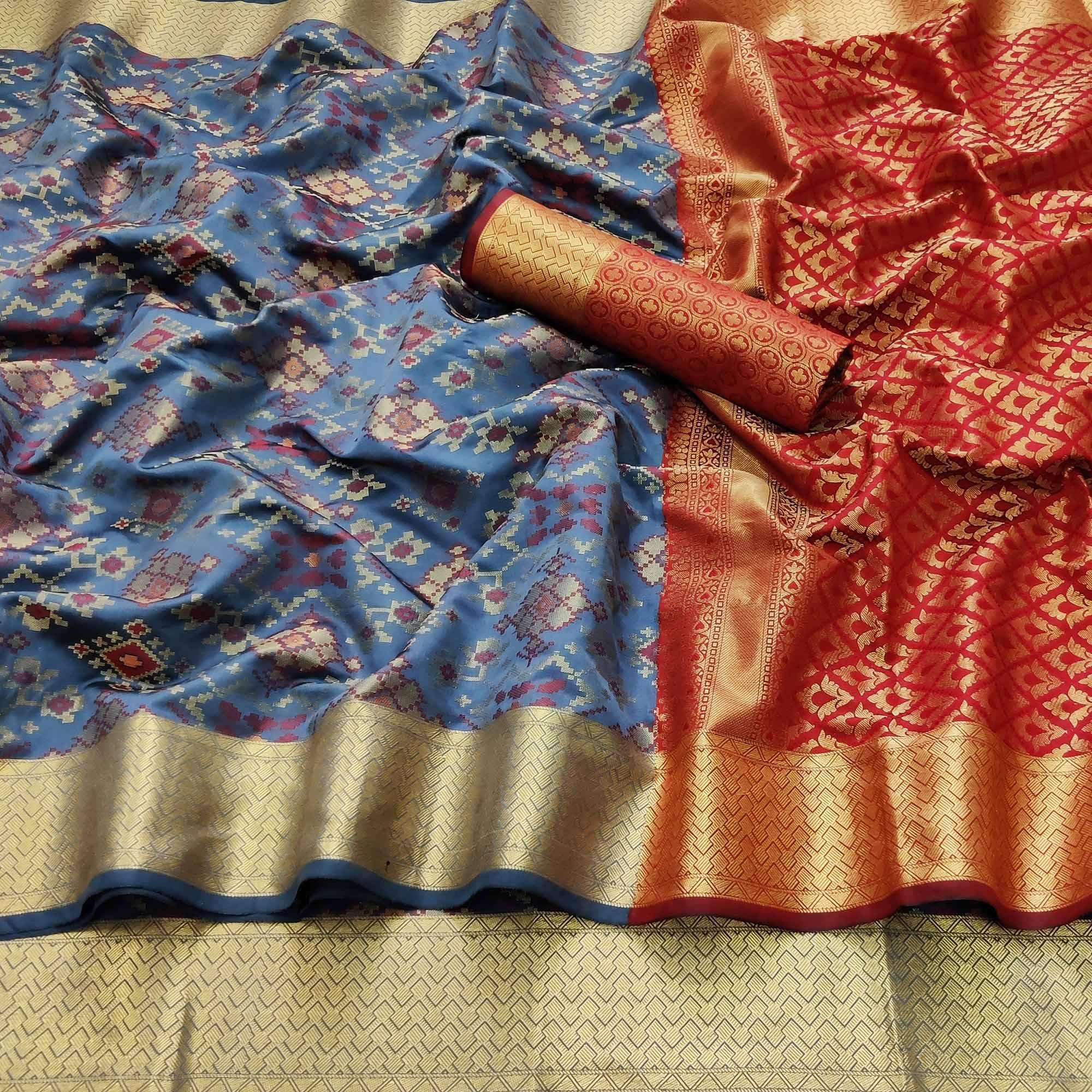 Grey Festive Wear Woven Heavy Silk Saree With Patola Rich Pallu - Peachmode
