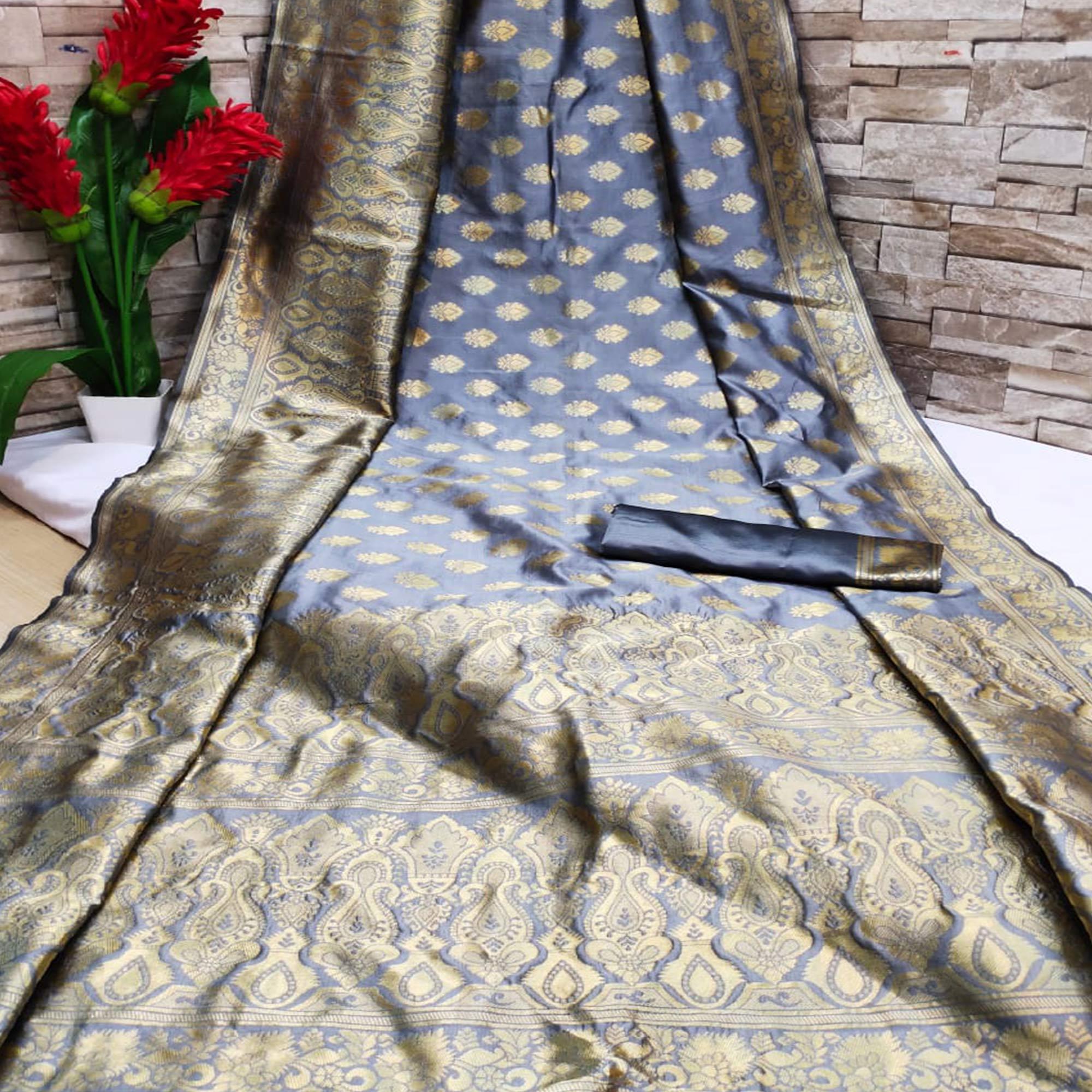 Grey Festive Wear Woven Jacquard Silk Saree - Peachmode