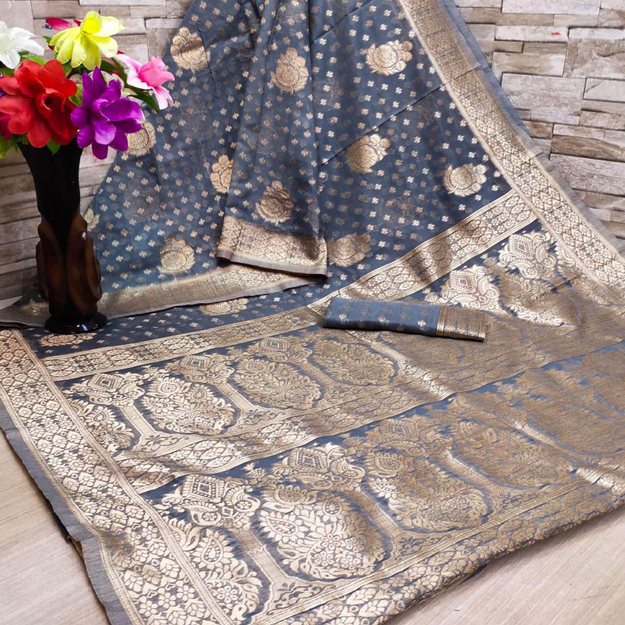 Grey Festive Wear Woven Jacquard Silk Saree - Peachmode