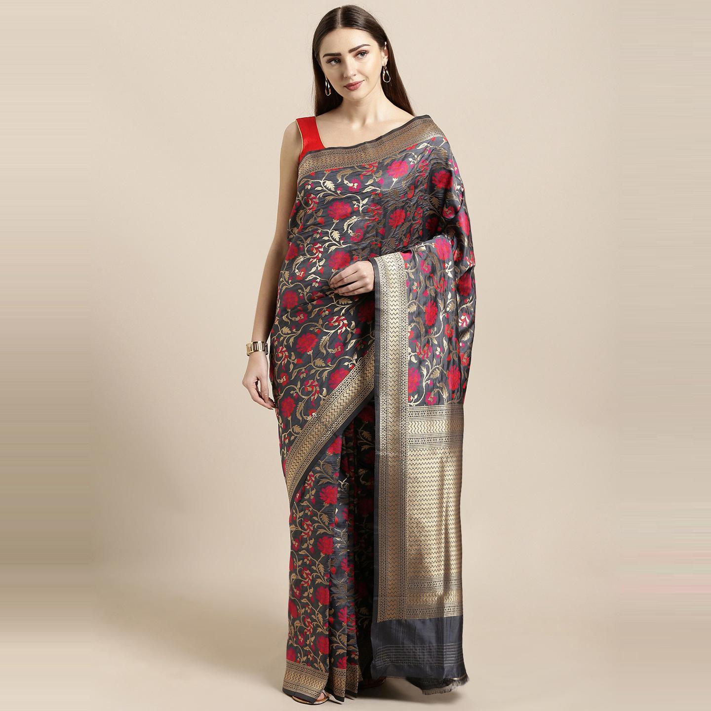 Grey Festive Wear Woven Kanjivaram Silk Saree - Peachmode