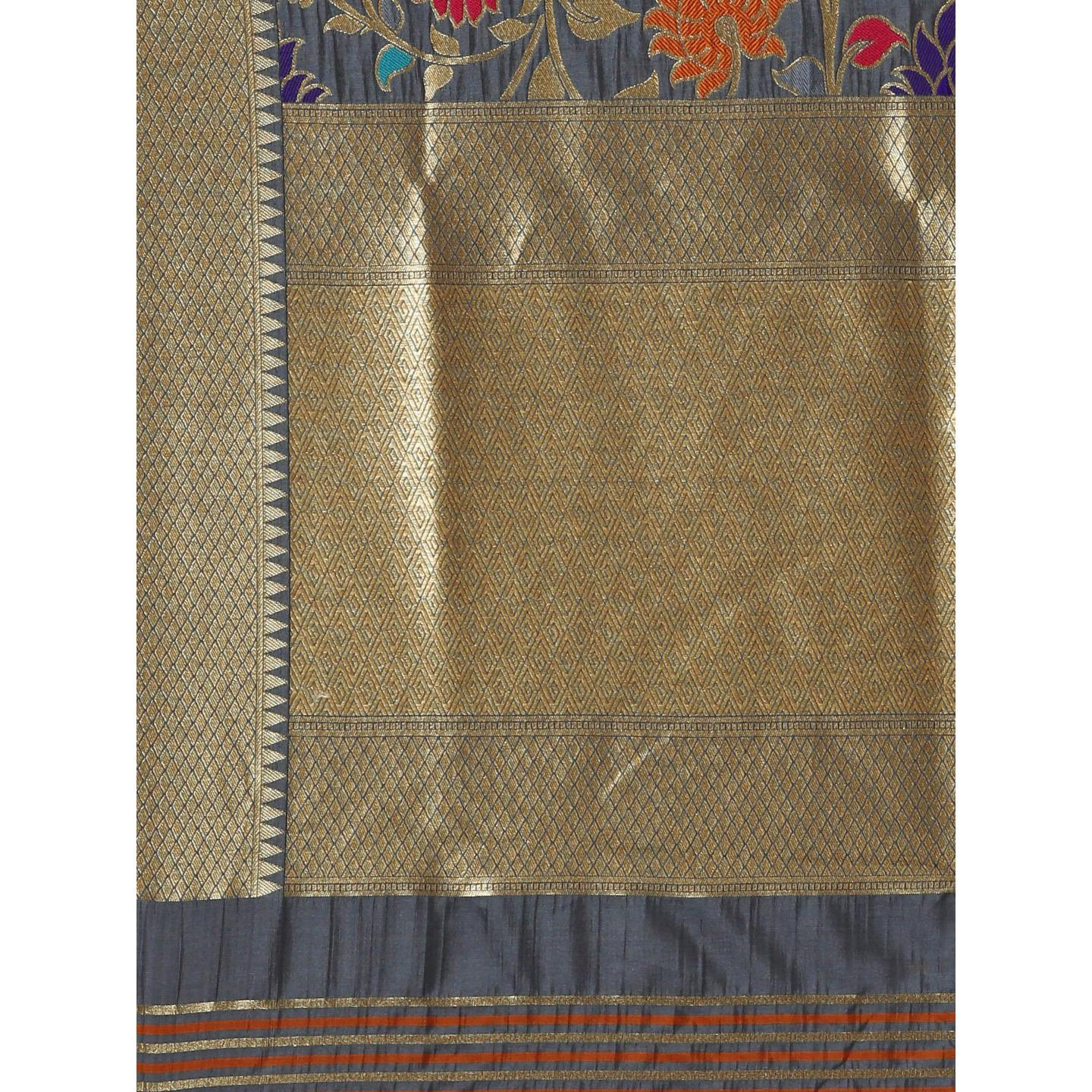 Grey Festive Wear Woven Kanjivaram Silk Saree - Peachmode
