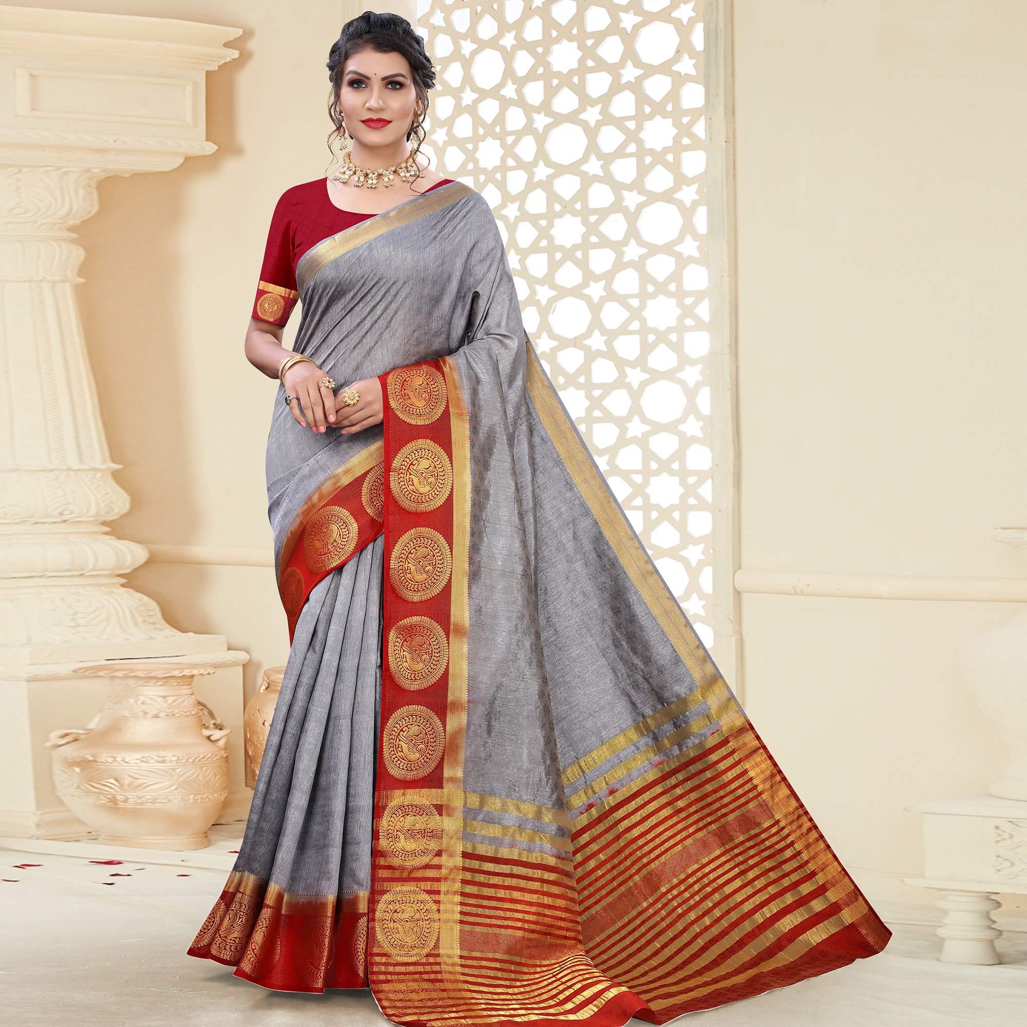 Grey Festive Wear Woven Kanjiwaram Art Silk Saree - Peachmode