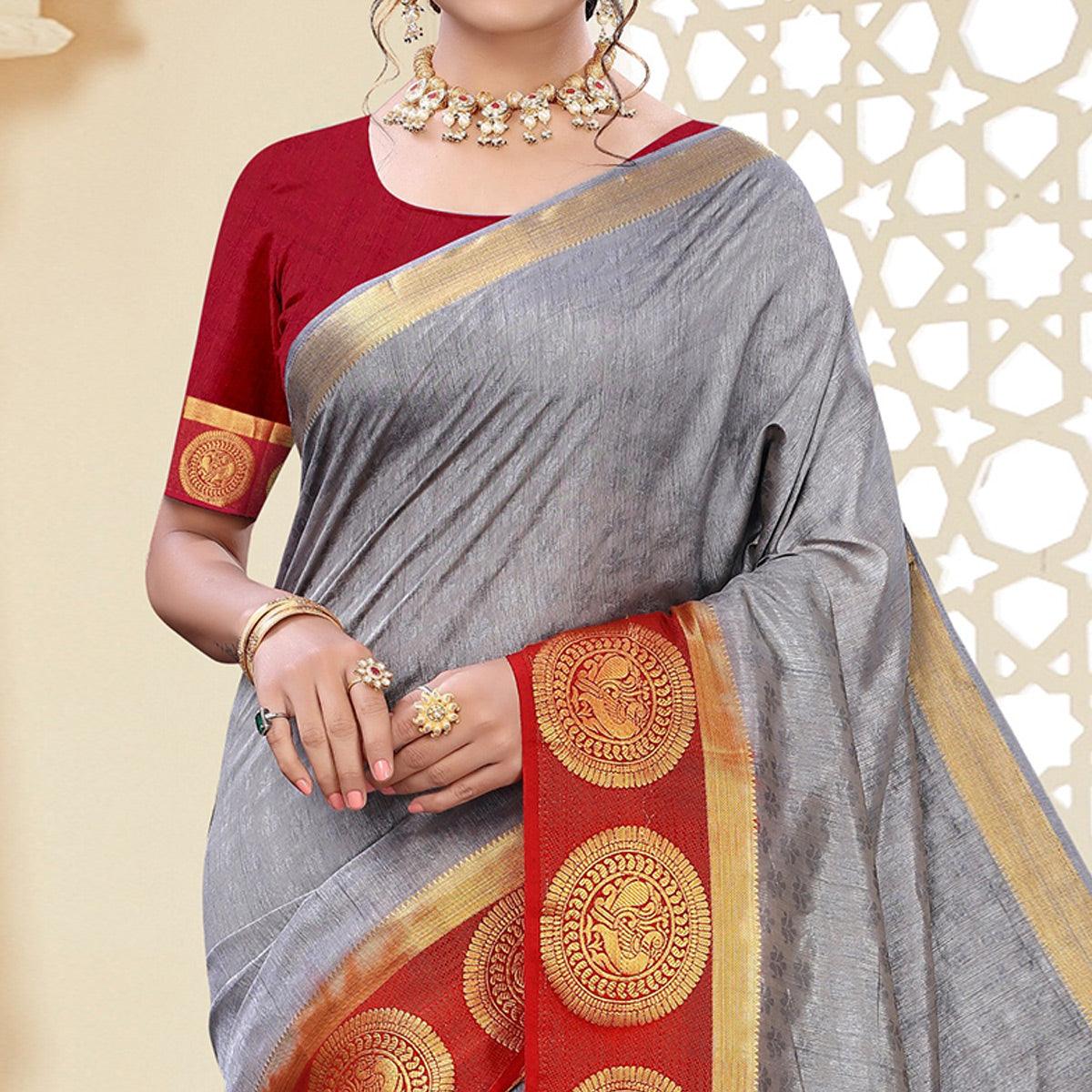 Grey Festive Wear Woven Kanjiwaram Art Silk Saree - Peachmode