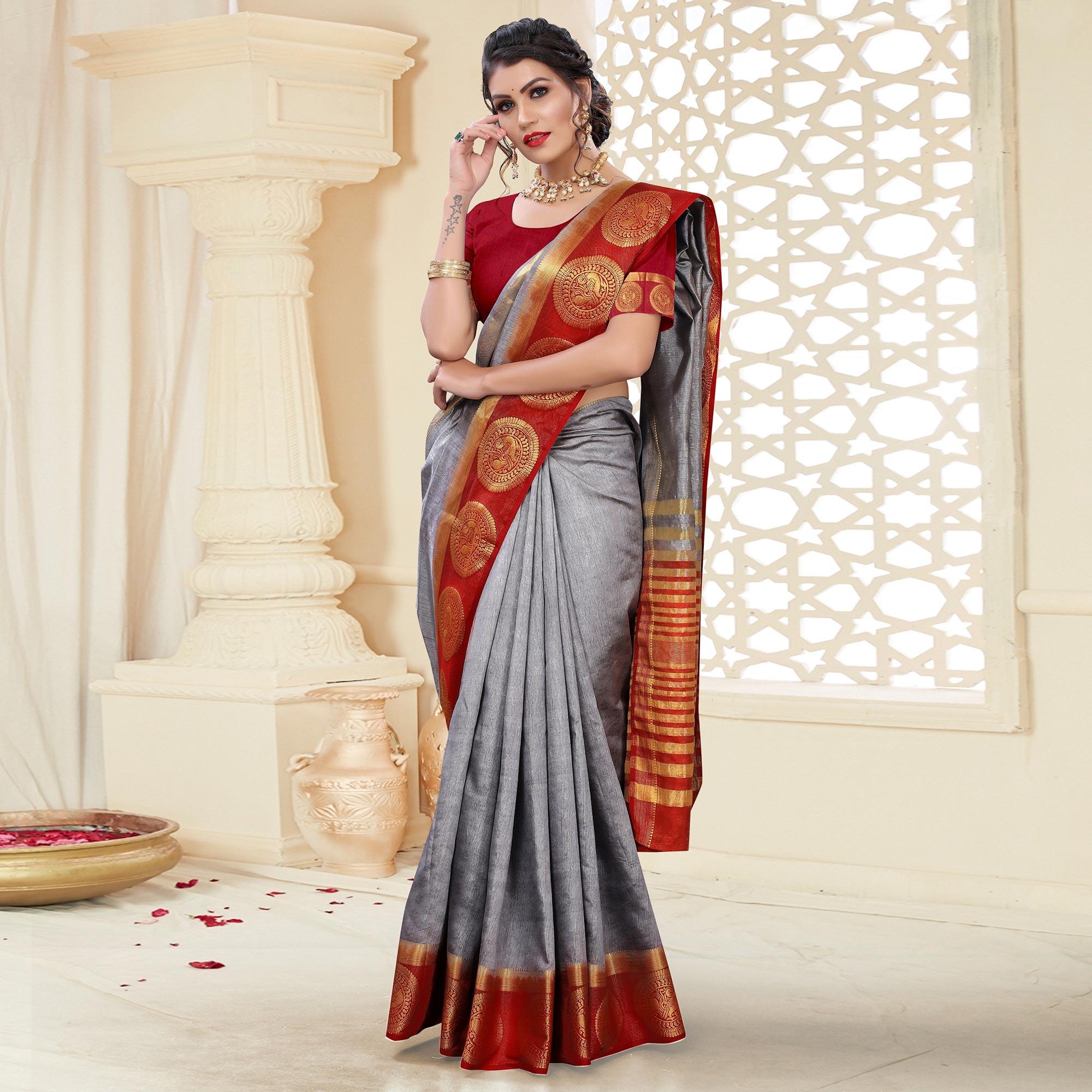 Grey Festive Wear Woven Kanjiwaram Art Silk Saree - Peachmode