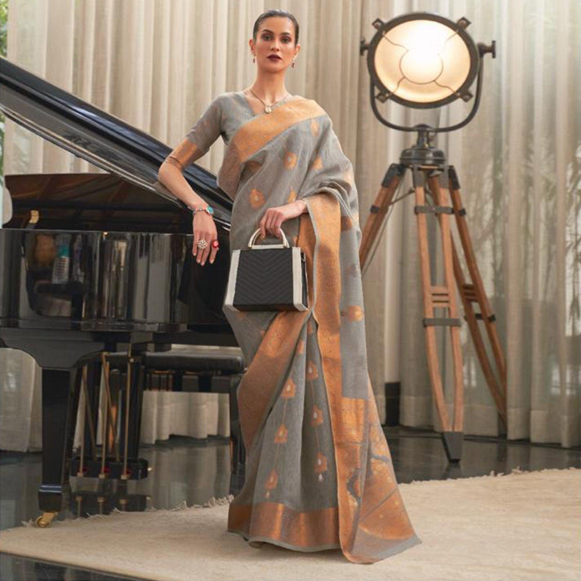 Grey Festive Wear Woven Linen Saree - Peachmode