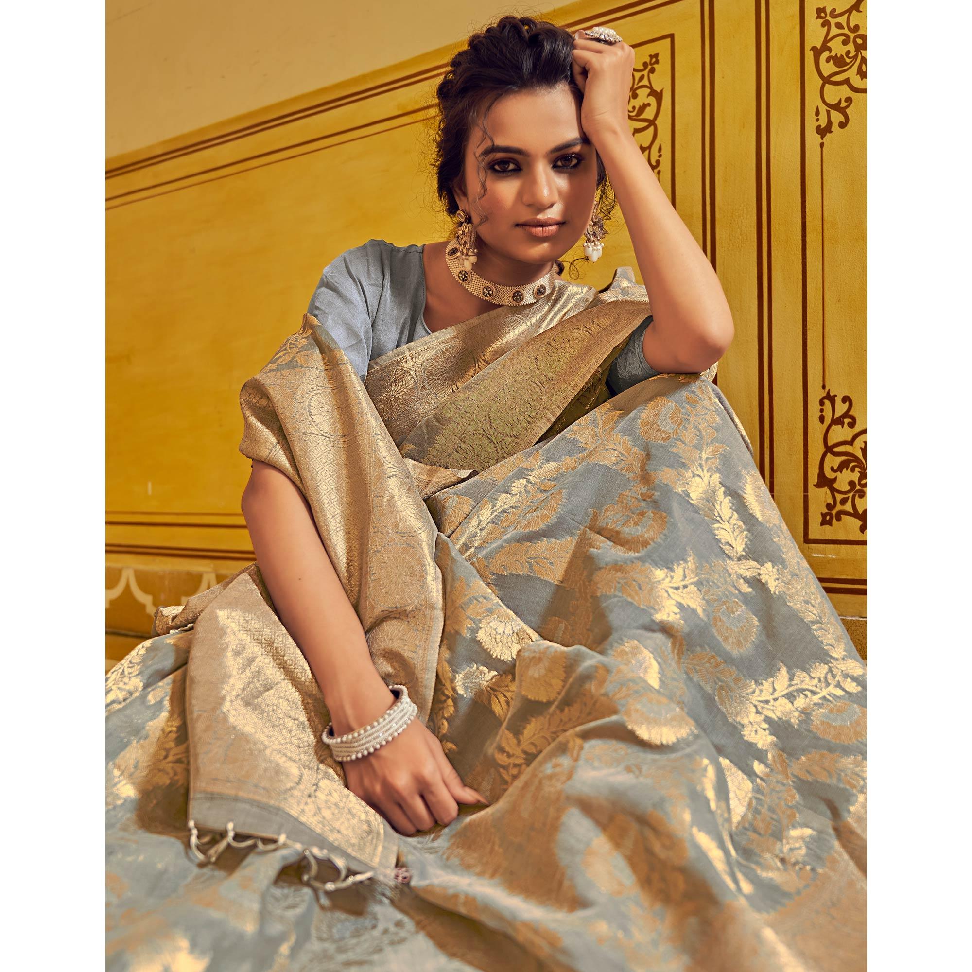 Grey Festive Wear Woven Linen Saree - Peachmode