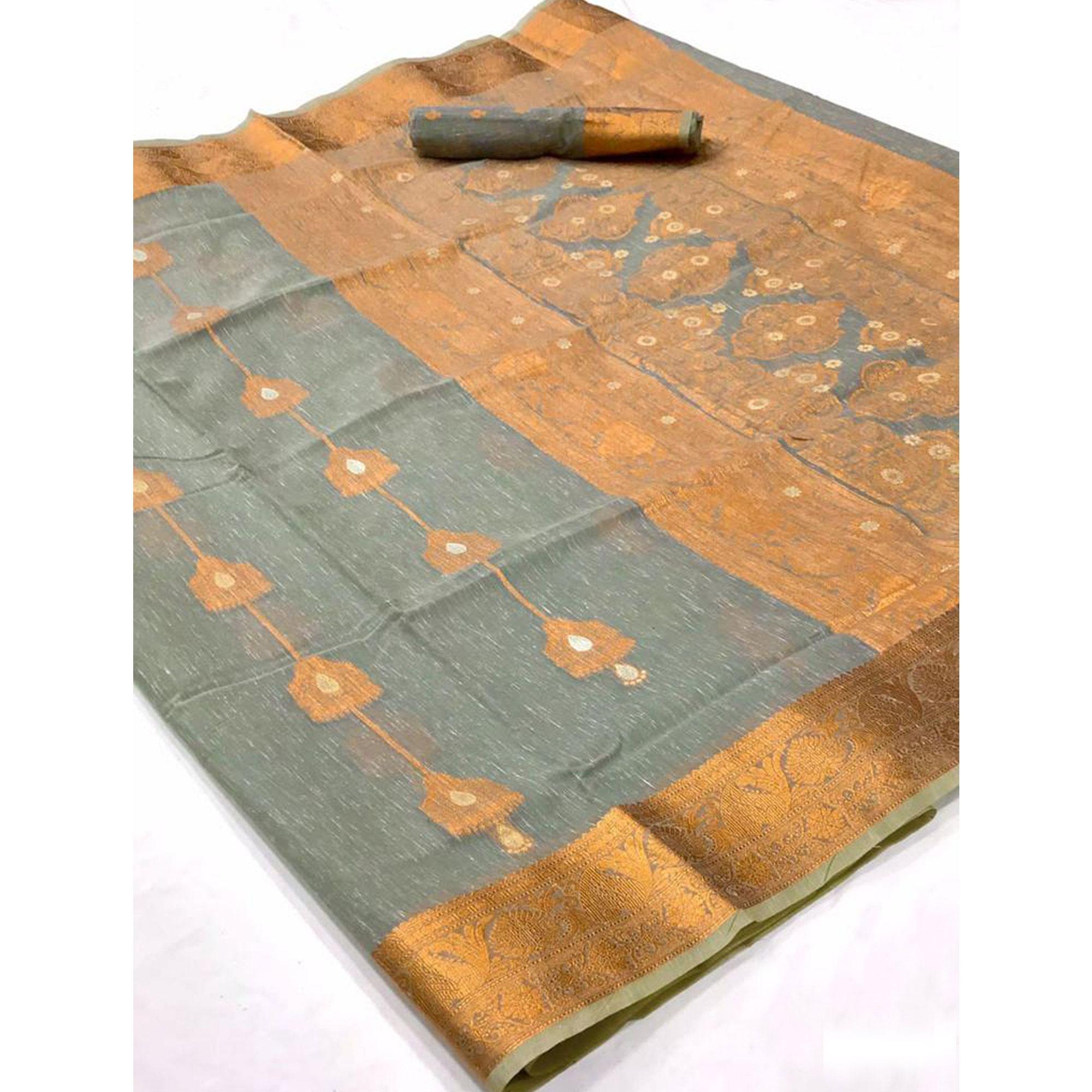 Grey Festive Wear Woven Linen Saree - Peachmode