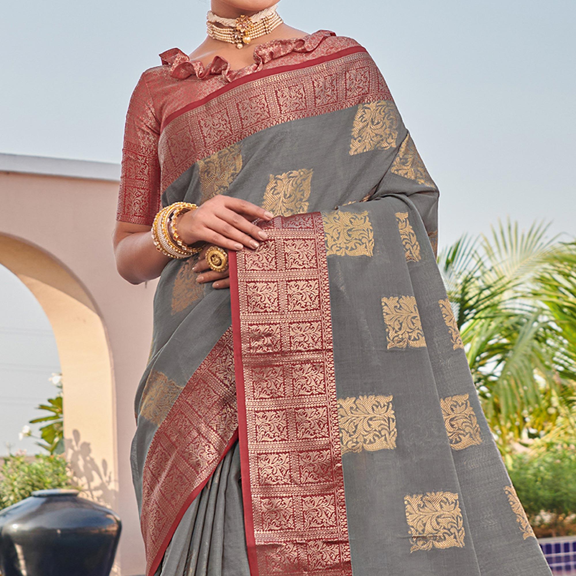 Grey Festive Wear Woven Linen Saree - Peachmode