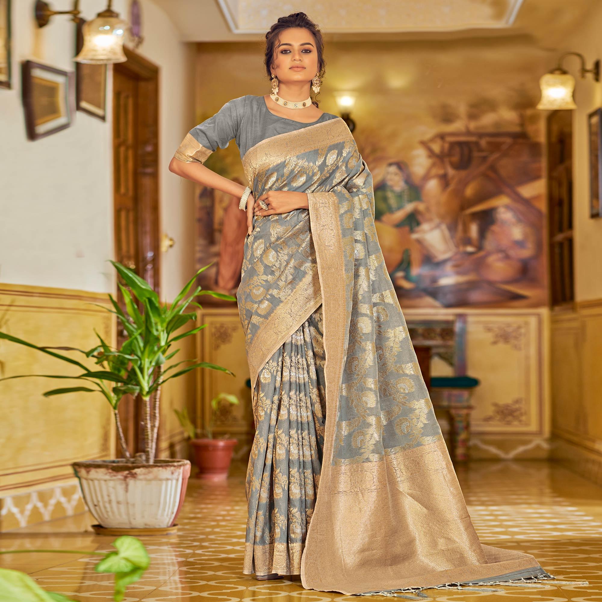 Grey Festive Wear Woven Linen Saree - Peachmode