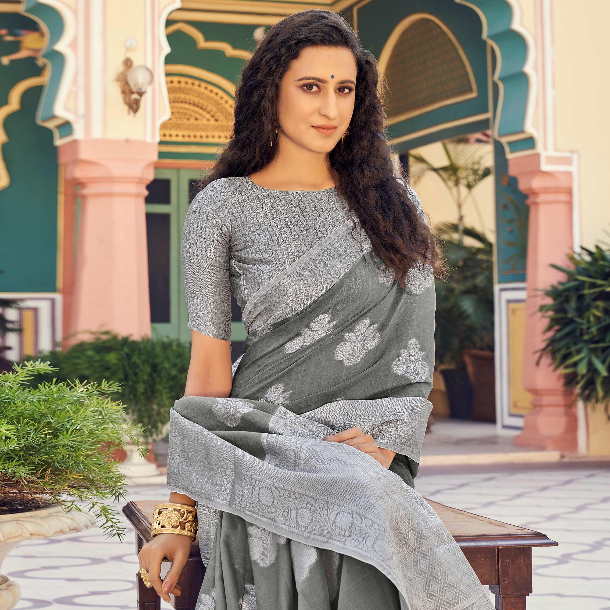 Grey Festive Wear Woven Linen Saree - Peachmode