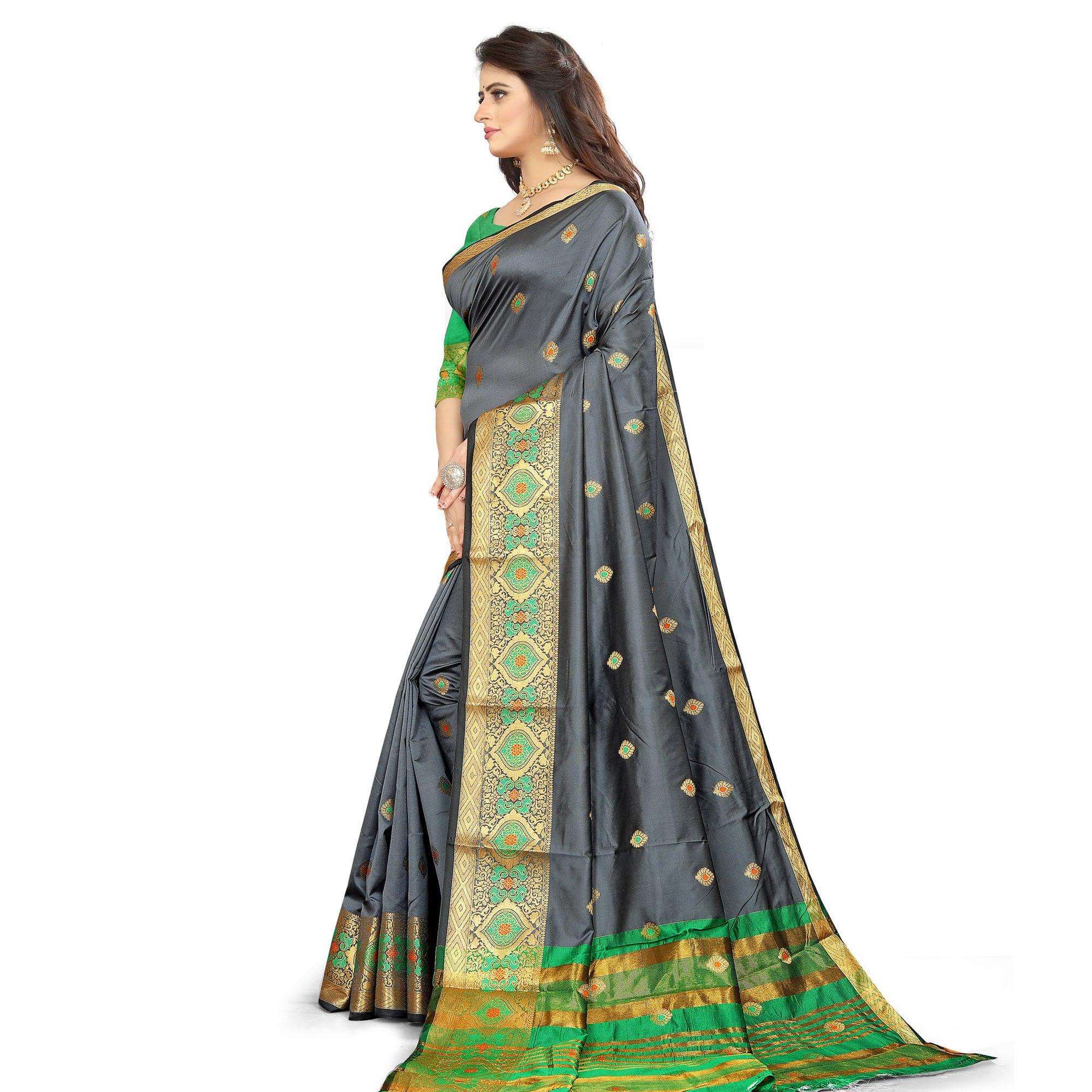 Grey Festive Wear Woven Maithili Silk Saree - Peachmode