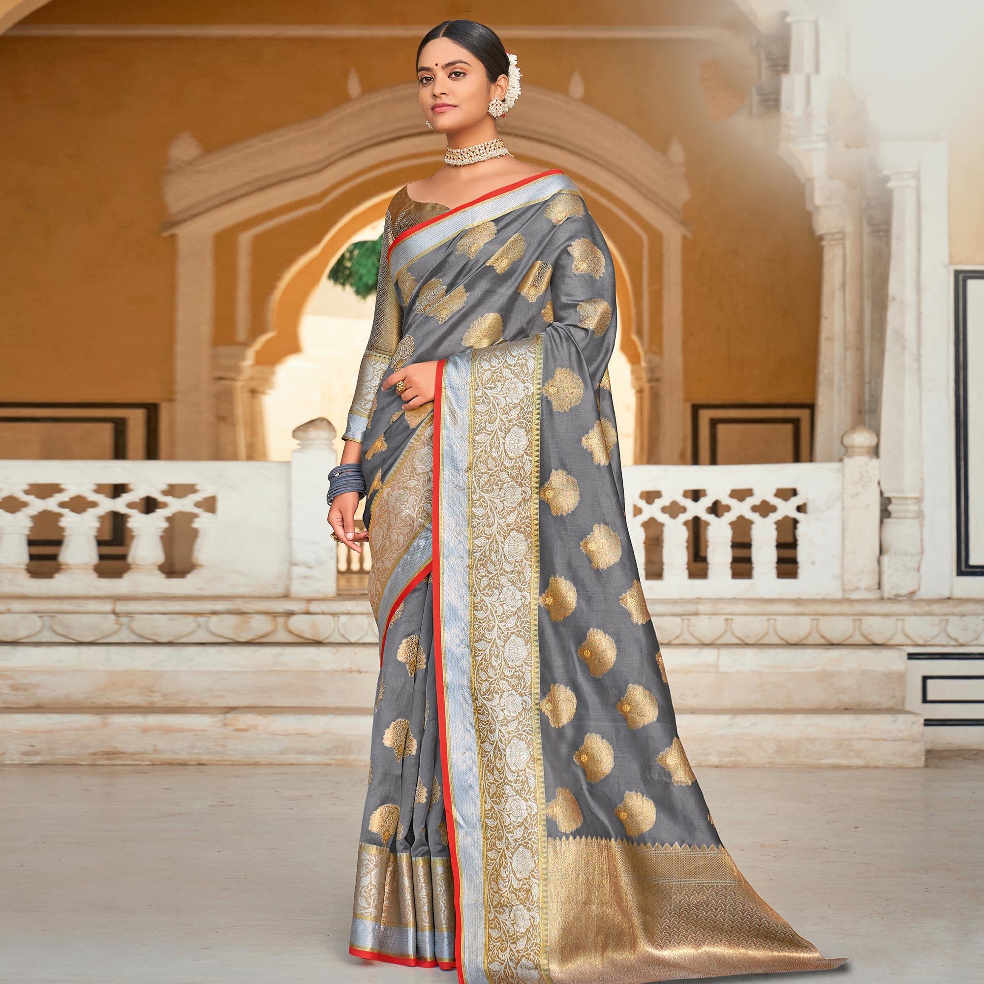 Grey Festive Wear Woven Organza Saree - Peachmode
