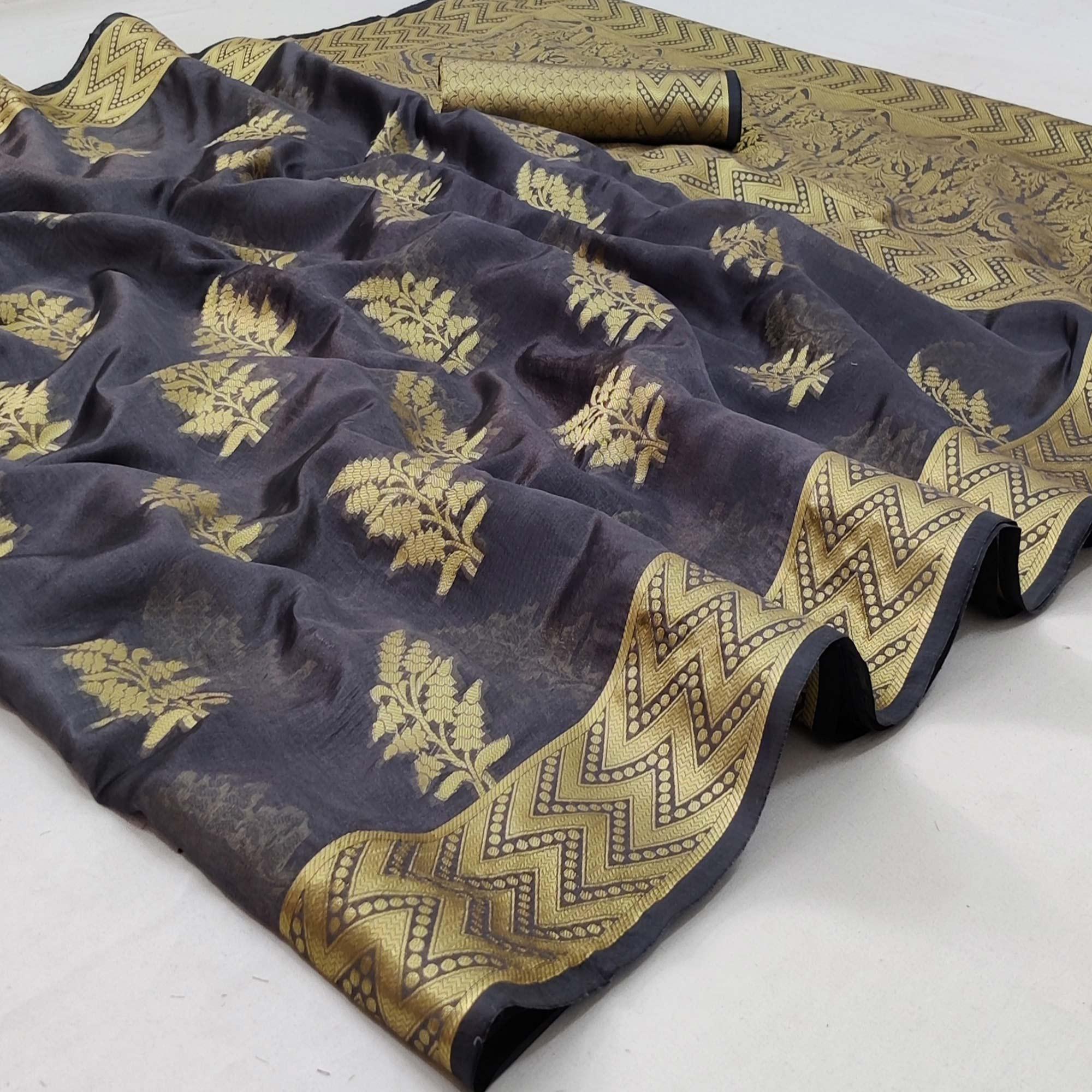 Grey Festive Wear Woven Organza Saree - Peachmode
