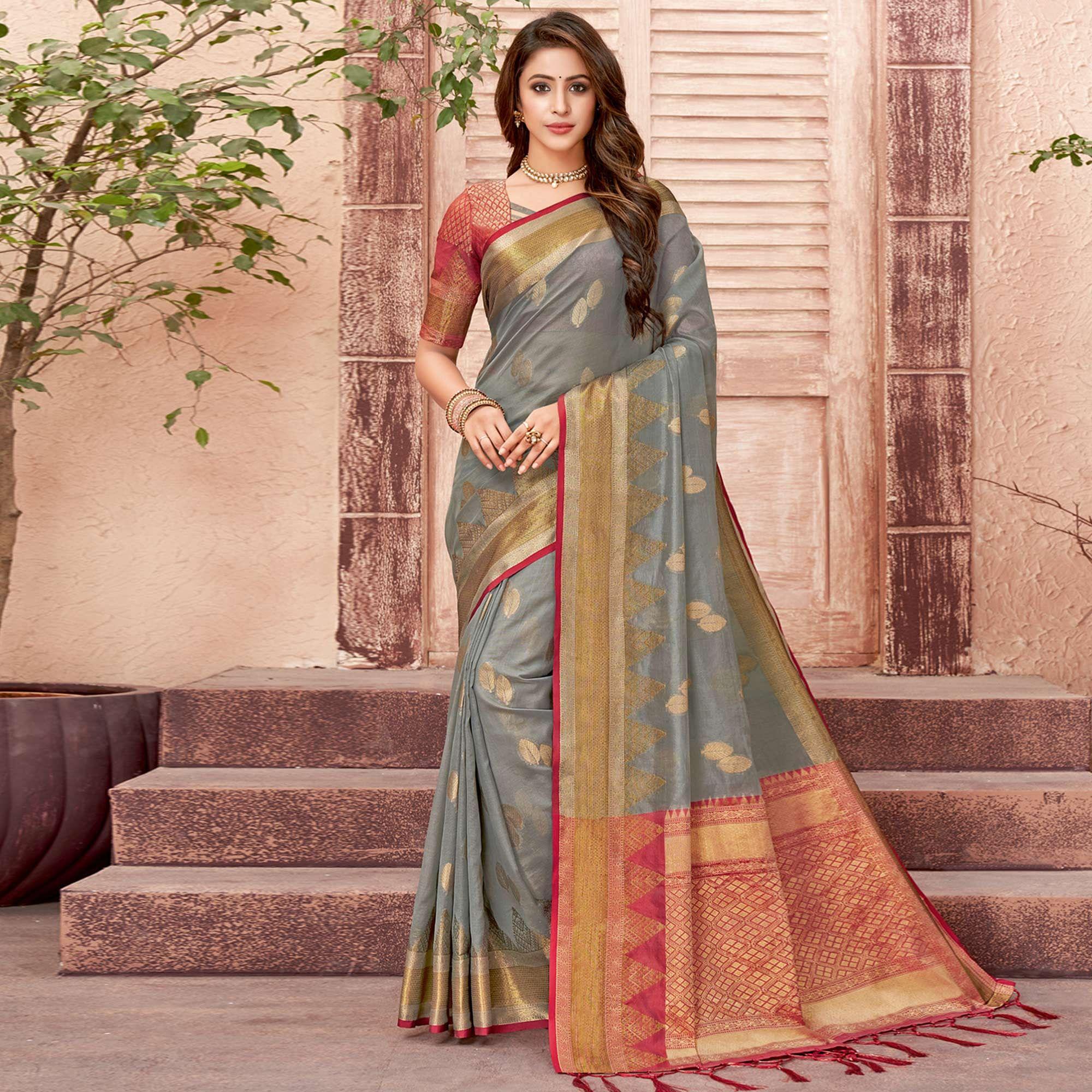 Grey Festive Wear Woven Organza Saree - Peachmode