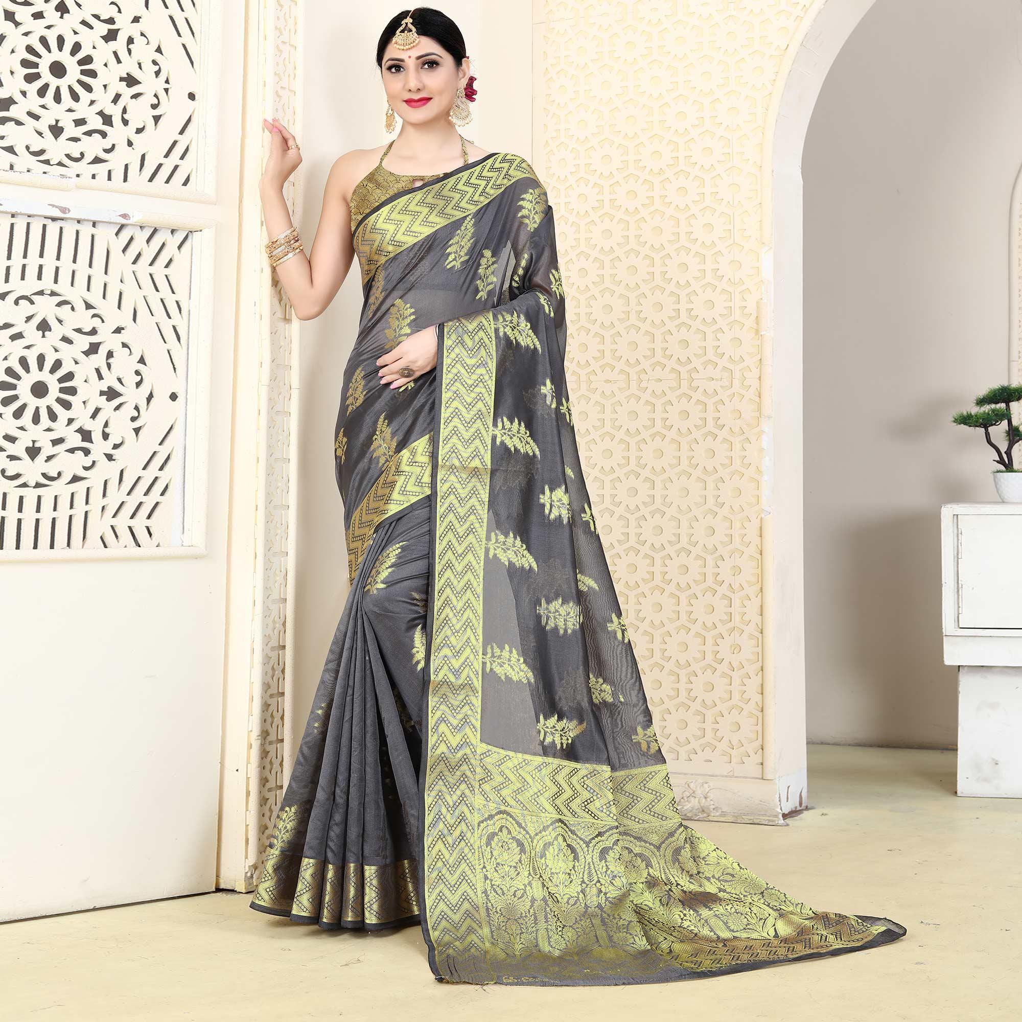 Grey Festive Wear Woven Organza Saree - Peachmode