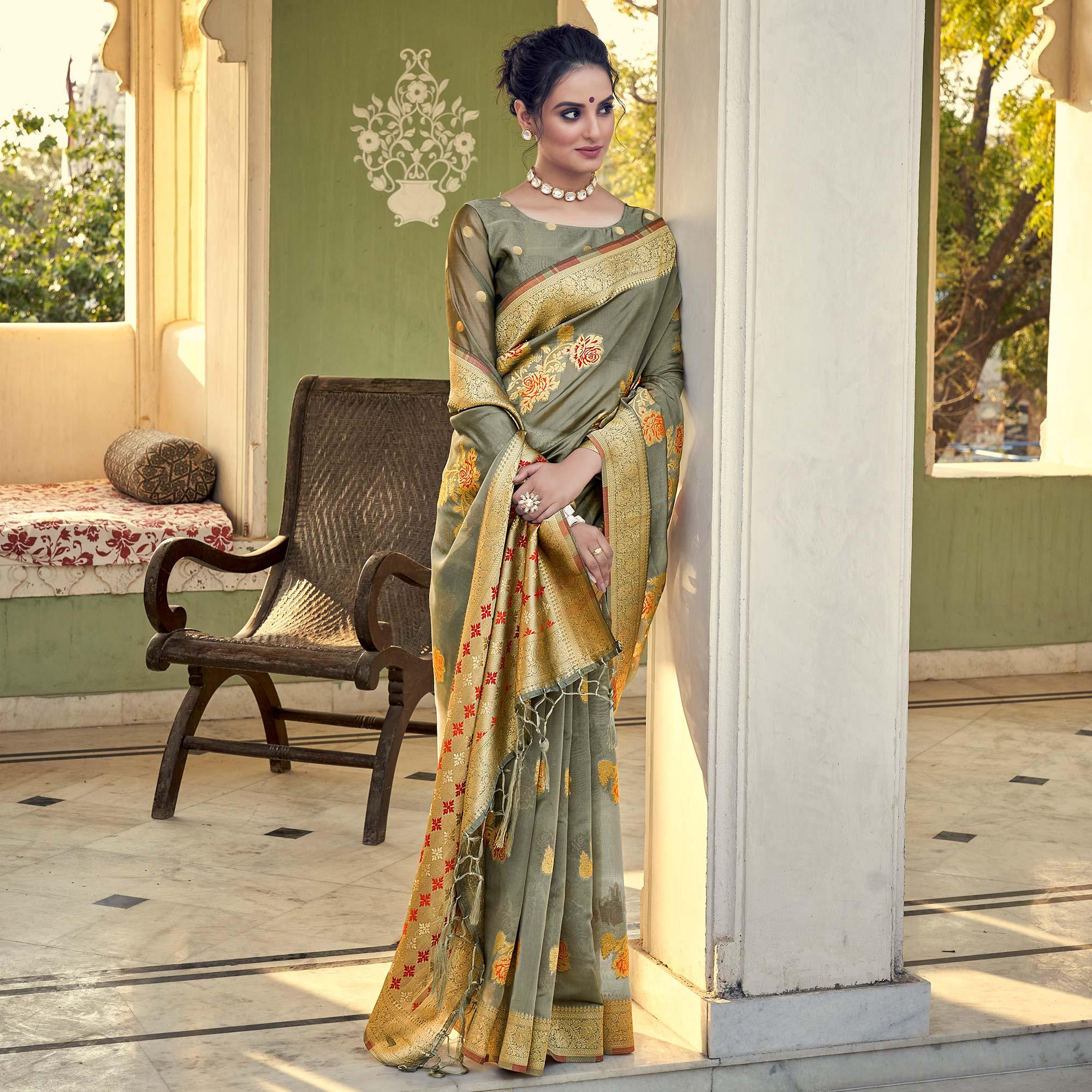 Grey Festive Wear Woven Organza Saree - Peachmode