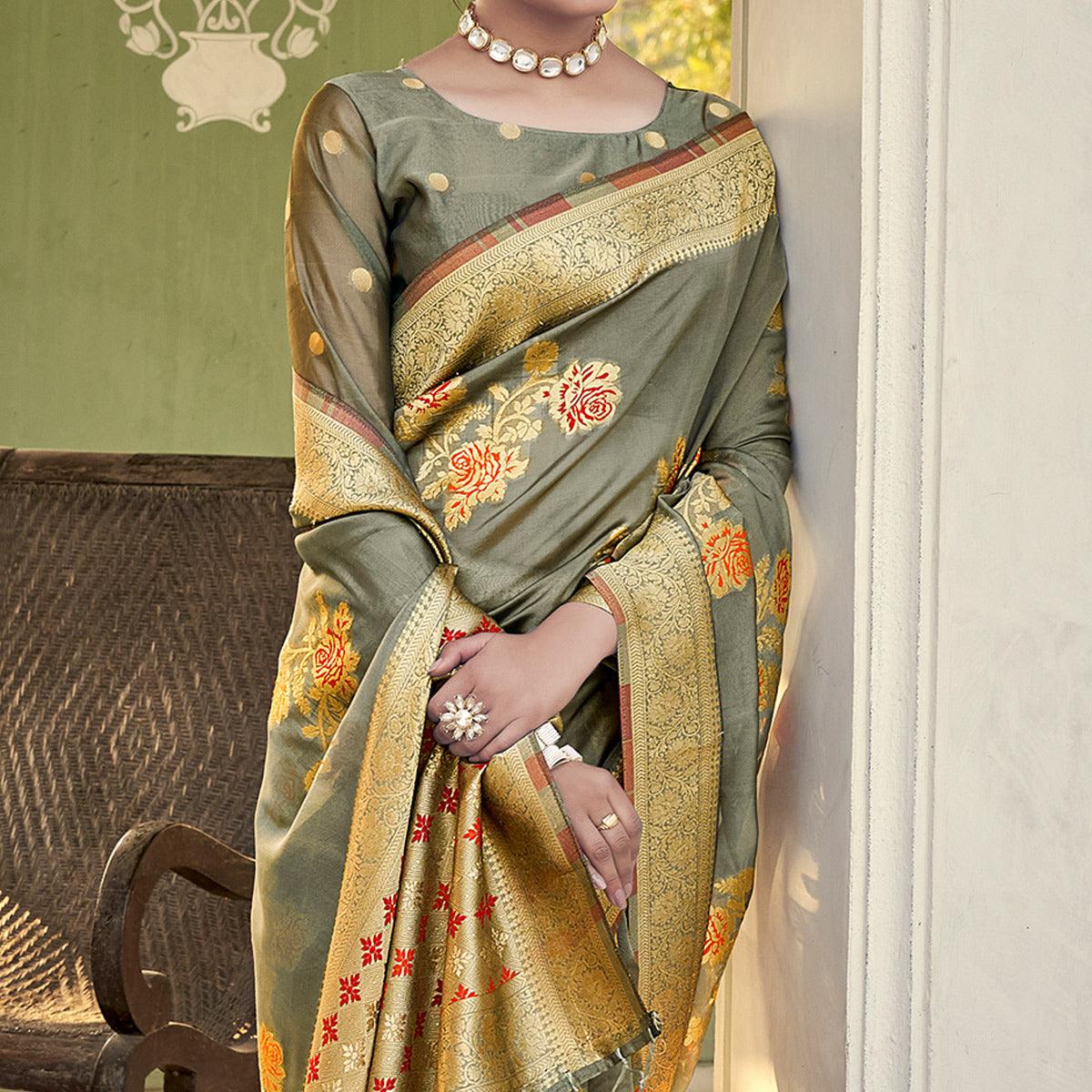 Grey Festive Wear Woven Organza Saree - Peachmode
