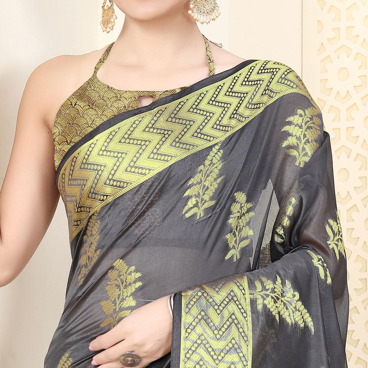 Grey Festive Wear Woven Organza Saree - Peachmode