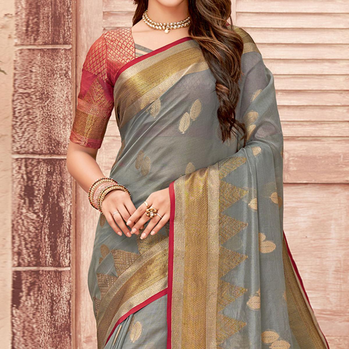Grey Festive Wear Woven Organza Saree - Peachmode