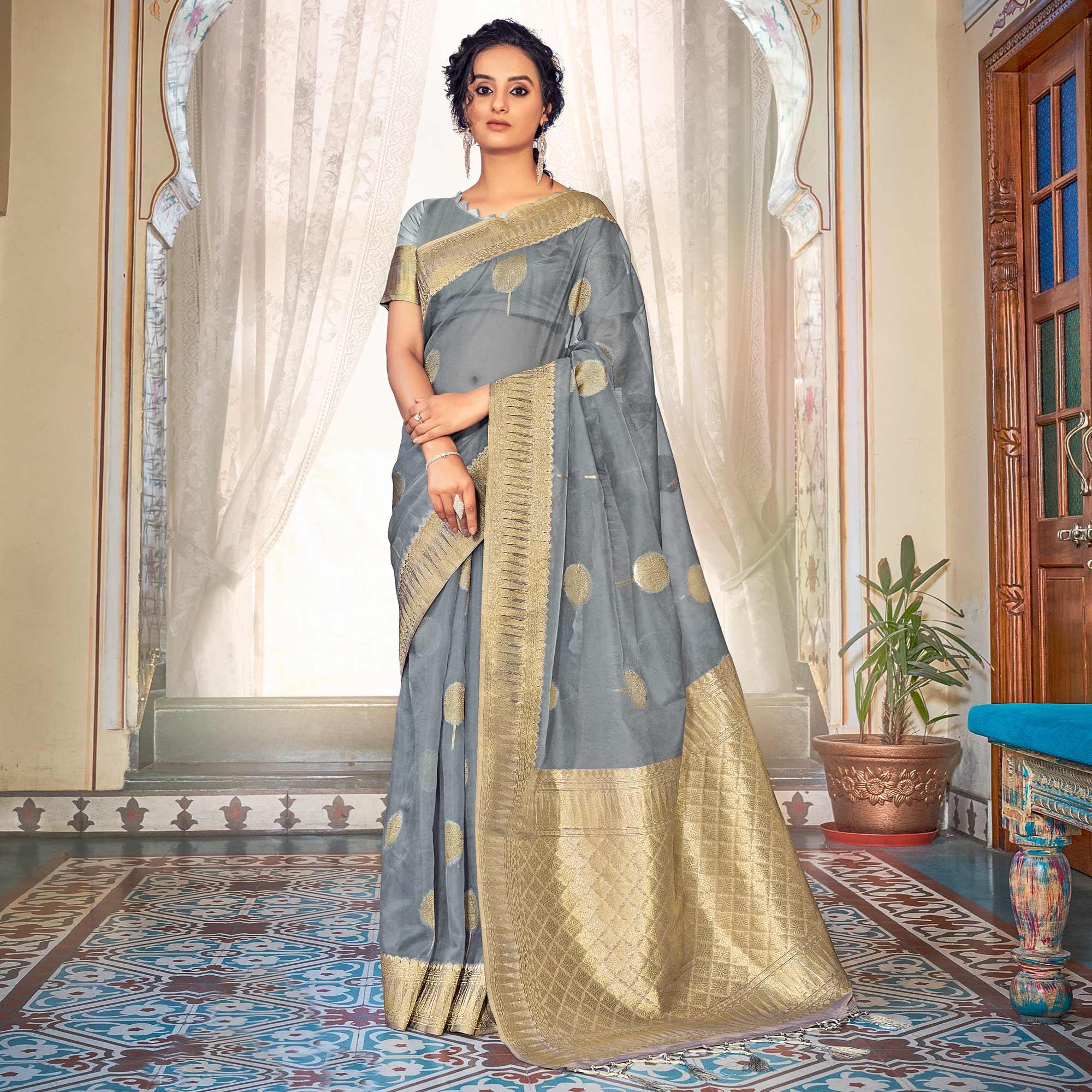 Grey Festive Wear Woven Organza Saree - Peachmode