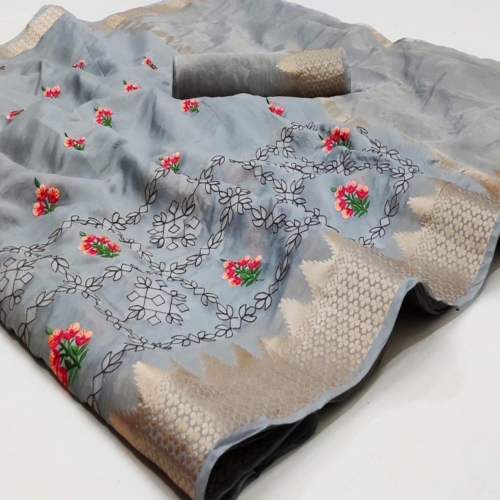 Grey Festive Wear Woven Organza Saree With Floral Embroidery Butta Work - Peachmode