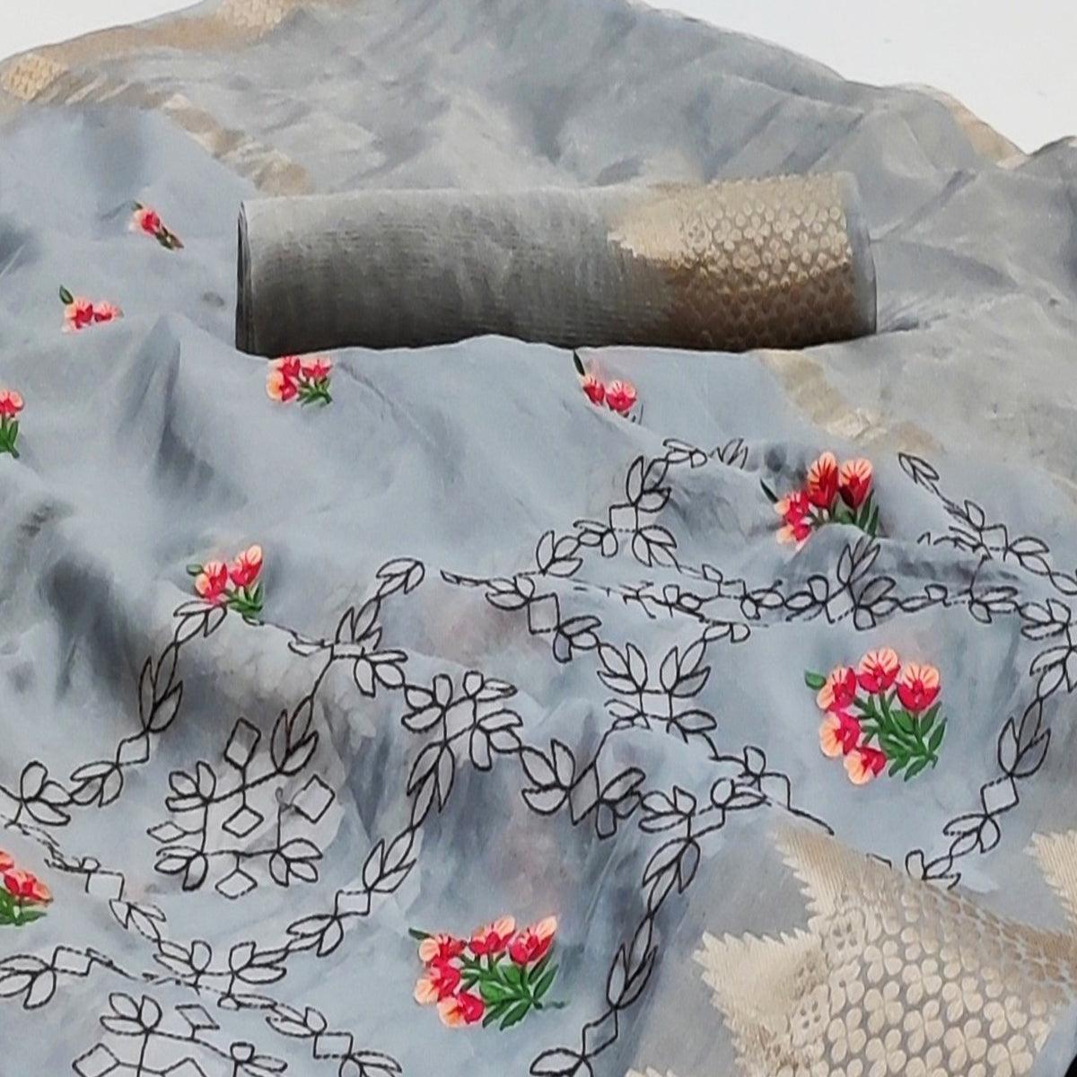 Grey Festive Wear Woven Organza Saree With Floral Embroidery Butta Work - Peachmode