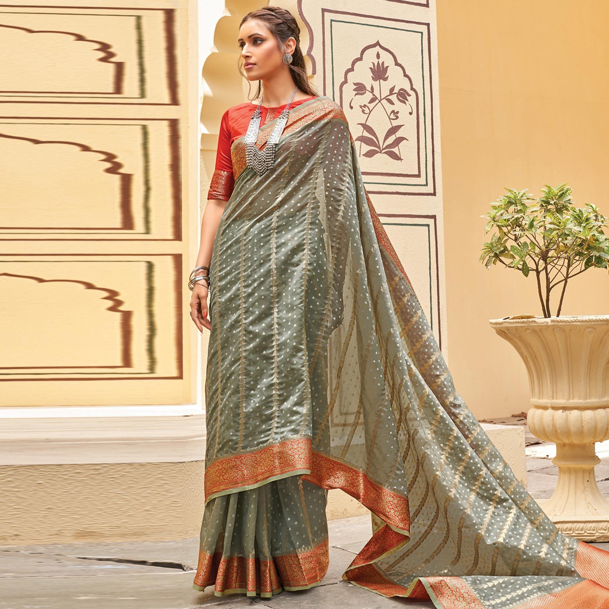 Grey Festive Wear Woven Organza Saree With Tassels - Peachmode