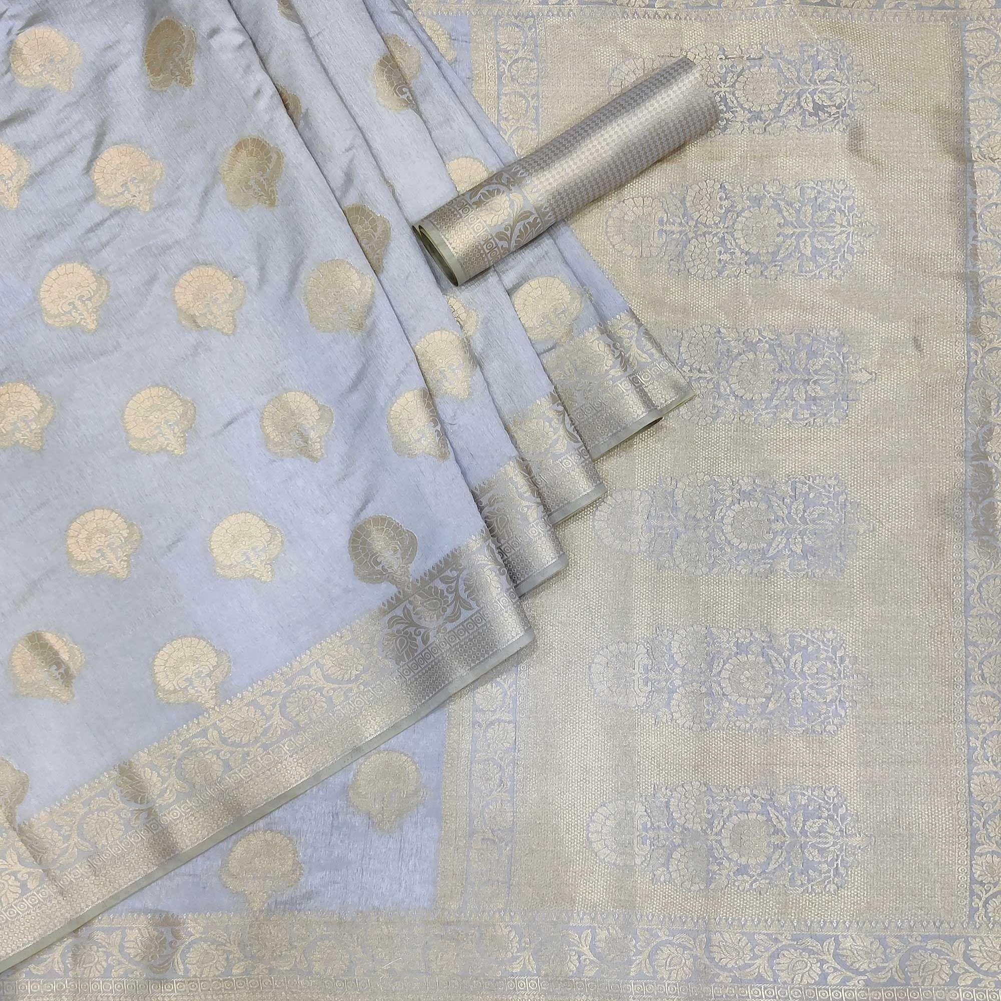 Grey Festive Wear Woven Raw Silk Saree - Peachmode