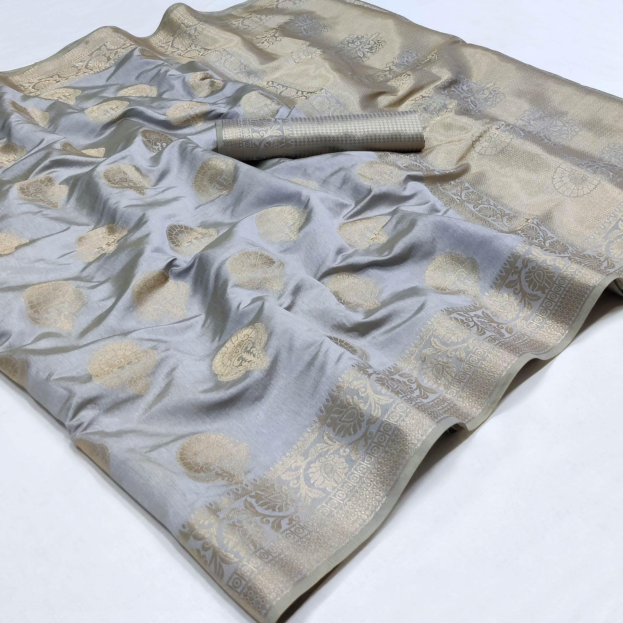 Grey Festive Wear Woven Raw Silk Saree - Peachmode