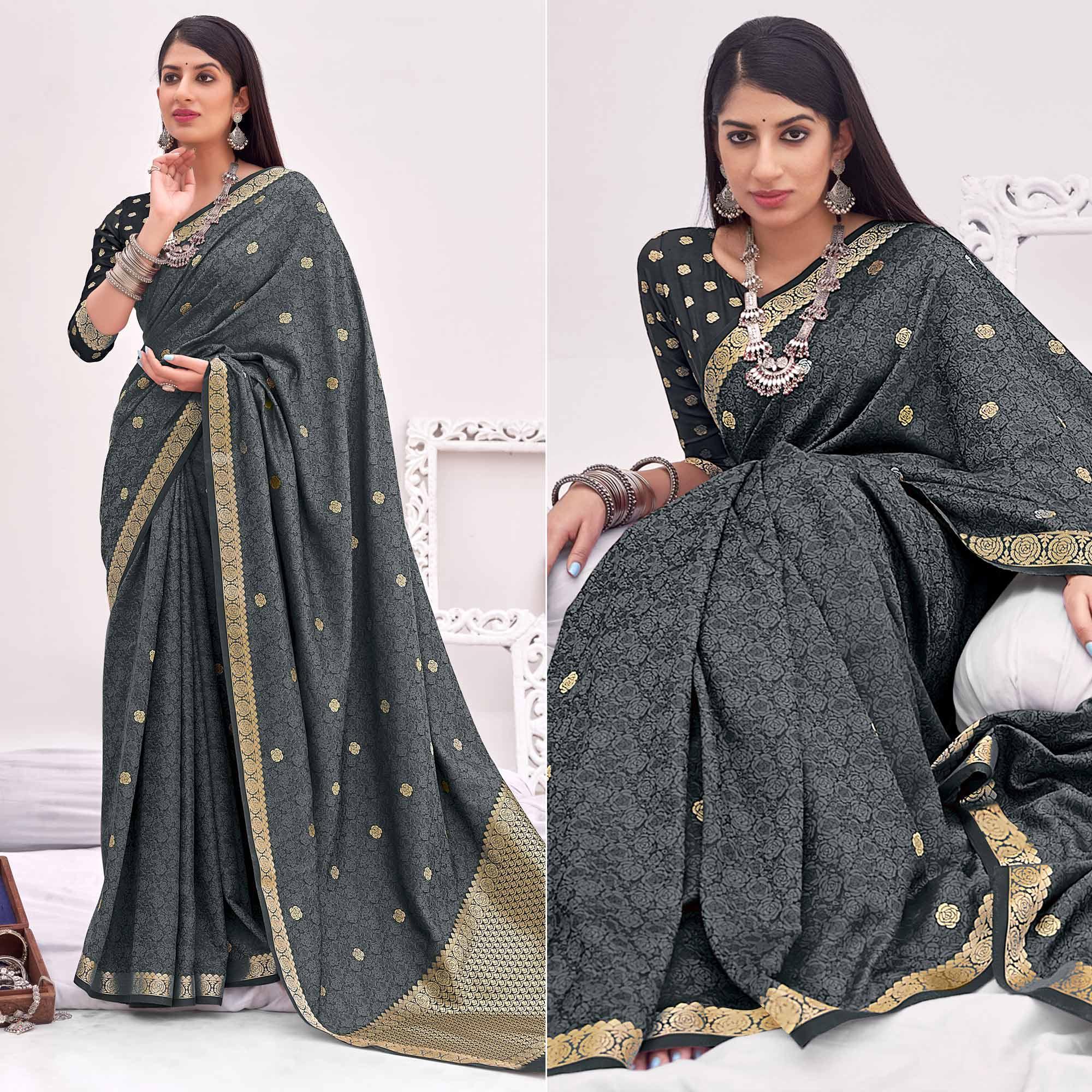 Grey Festive Wear Woven Satin Saree - Peachmode