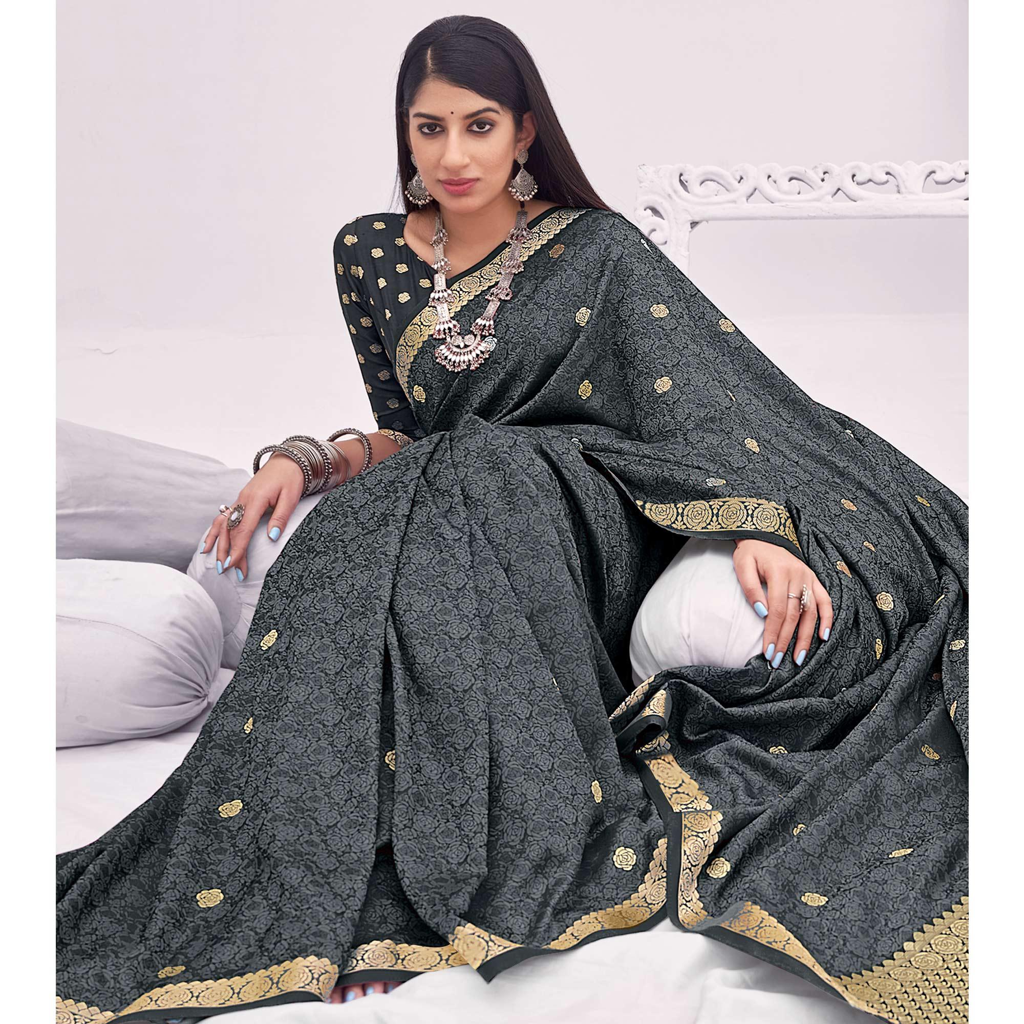 Grey Festive Wear Woven Satin Saree - Peachmode