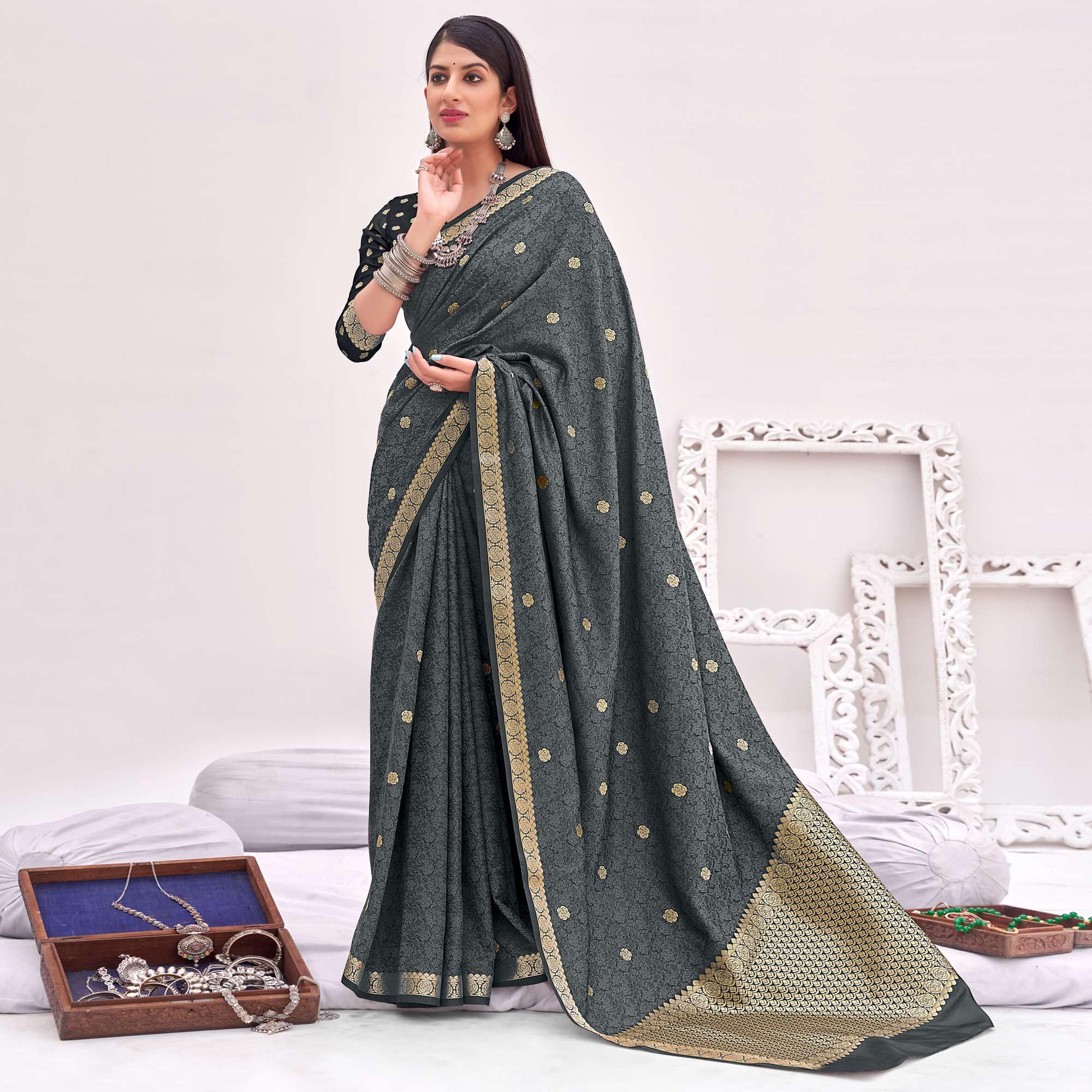 Grey Festive Wear Woven Satin Saree - Peachmode