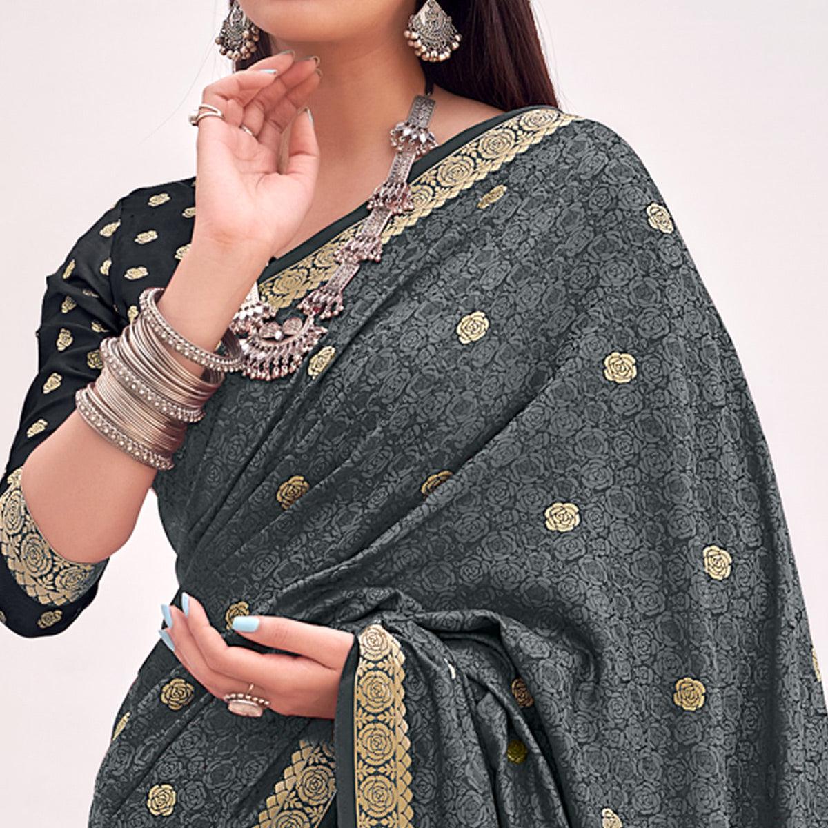 Grey Festive Wear Woven Satin Saree - Peachmode